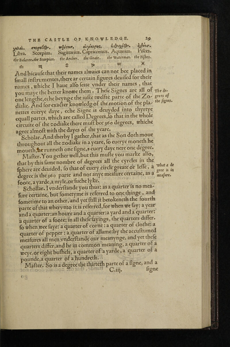 cKSm'i®'. vlenr. acycKifcoS. v4»»X«©'» Libra. Scorpius. Sagittarius. Capricornus. Aquwius. Pifces. tie Scorpion, the Archer. thcGedc. the-matcrmcn. the tifhes. £: m $ IP ■ And bicaufe that their names alroaies can not hee placed in fmall inftrumentes,there ar certain figures deuifed for their names , whiche I haue alfo fette ynder their names , that vou maye the better knowe them. Thefe Signes are all of rteje Lelengthe,echebeyngetheiuftetmelfte parte of theZo^ grec^ o/^^ diake. And for exadler knott)l?dg of the-motion of the pla.- nettes eiierye daye, eche Signe is deuyded imp thyrtye equall partes, nihich are called Degrees,{b that in the whole circuiteofthezodiaketheremuftbeej(Sodegrees, whiche agree almoft with the dayes of the yeare. • Scholar. And therby I gather,that as the Son doth moue throughout all the zodiake in a yeare, fo euerye moneth he moueth,tcrunneth ohe figne,* euery daye nere one degree. Mafter.YougetherwelUbut this mufte you marke alio, that by this fame nombre of degrees all the cyrcles in the fphere are deuided,fo that of euery,circlegreate or lefle, a ^ degree is the ?6o parte and not any? meafure certaine, as a foote,ayarde,amyle,orfuchelyke. , Schollar.Ivnderftandeyouthustasaqu'arterfenomea- fure'ceftaine, but fometyme is referred to pne tbinge, and fometime to an other, and yet.ftill it betokeneth the fourth parte of that whef vnto i t is referfed,f6r when itic lay: a year and ai quartertan houre and a qu.df ter;a yard and a quarter: a quarter of a foote: in all thefefayings, the quarters diIter, fb when,wee (aye: a quarter of corne: a quarter of clothe: a quarter of pepper: a.quartcr of allame:by the accuftumed meafures all meii vti.^er%t\dep,dr meanynge, and yet thcle quarters difFer,and be in cbmihbh meaning, a quarter or a wcye,ofeightbu(hys,aquarter'bf ayarde,a quarter oi a pounde,a quarter pf a hundreth.’< • Mafter. Sois adegfee tbethirtethparteofafigne,and a f ■-