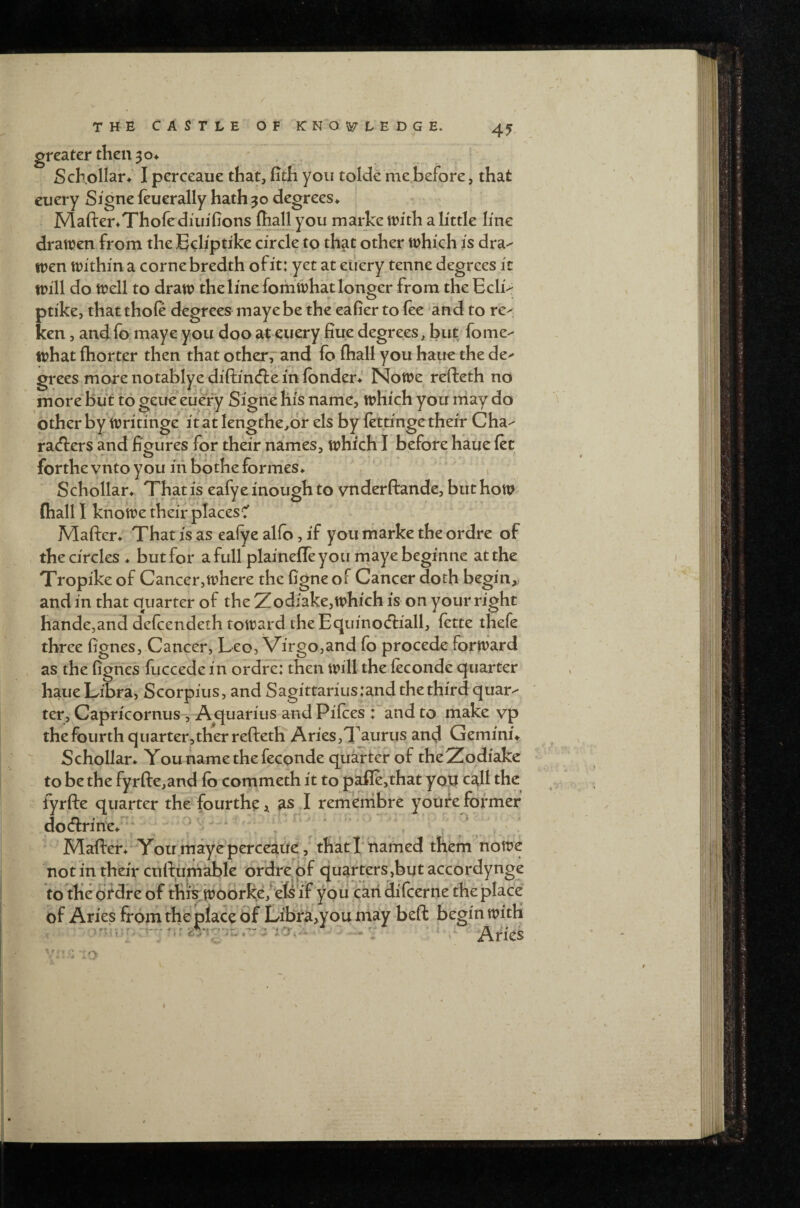 THE CASTLE greater then 3 ©♦ ' . Sch.ollar* I perceaue that, fith you tolde me before, that euery Signe feuerally hath 30 degrees^ Maf!:er*Thofediuifions jhall you marke with, a little line drattJen from the Ediptike cirde to that other tiohkh is dra-' tren tuithm a come bredth of it: yet at etiery.tenne degrees it tPill do well to draw the line fomwhat longer from the Eclk ptike, that thole degrees mayebe the eafier to lee and to re< ken, audio maye you doo at euery fiue degrees, but fomc what Ihorter then that otherand lo (hall you haue the de^ grees more notablye diftmcffemlbnderV Nowe refteth no more But to geue eua*‘y Signe his name, which you rtiay do other by writinge it at lengthe,dr els by lettinge their Cha-- rad:ers and figures lor their names, which ! before haue let forthe vnto you in bothe formes* Schollar* That is eafye inough to vnderftande, but how (hall I knowe their placesC Mafter* That is as ealye alfo, if you marke the ordre of . the circles ♦ but for a full plaineffeyouniayebeginne at the Tropike of Cancer,where the figne of Cancer doth begin,, and in that quarter of the Zodiake,which is on your right handcjand delcendeth toward the Equinod:iall, lette thefe three fignes, Cancer, Leo, Virgo,and fo procede forward , as the figries fuccede in ordre: then will the leconde quarter haue Libra, Scorpius, and Sagittariusjand the third quar^ ter, Capricornus , Aquarius and Pilces : and to make vp the fourth quarter,therrefleth Aries,Taurus and Gemini* Schollar* You name the feconde quarier of theZqdiake to be the fyrfl:e,and lo commeth it to pafle,that yotj call the fyrfte quarter the fourthe^^ as I rem&nbre youfe former docflrine*^ '  * : / , ' MafteK'You maye perceaue,* that r named them nowe not in their cnlfumable ordre|^pf quarters,but accordynge to the ordre of rhiy wobrke,^el^'if yoii can ifcerne the place of Aries froni the place of Librii,you may belt begin with \ r ■ I