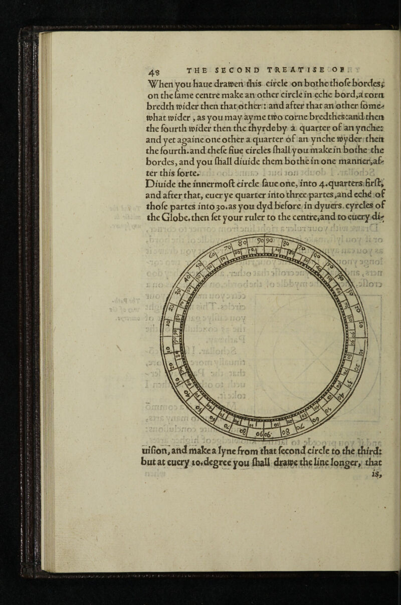 on the &me centre make an other circle in eche bord,ac6rii bredth wider then that other:: and after that another fomeV what wider, as you may ay me two come bredtKesrandthen the fourth wider then the thyrdeby a. quarter of an yncTie: and yet againe one other a quarter of-an ynche wyder then hordes, and you (Hall diuide them bothe in one manner,af> ter this forte^ ^ ‘ :ul:> . ! * jo:- o . Diuide the innermoft circle faue one, into 4*quarters;firft, and after that, euerye quarter into three partes,and cchd .of thofe partes into3o*as you dyd before/in dyuers.cyrcles of the Globe* then fet your ruler to the centrc>and to euery di-; uifiott^ and make a lync from that fccond circle to the third: but at euery lOfdcgree you ihali dratpe the line Ionger> that is.