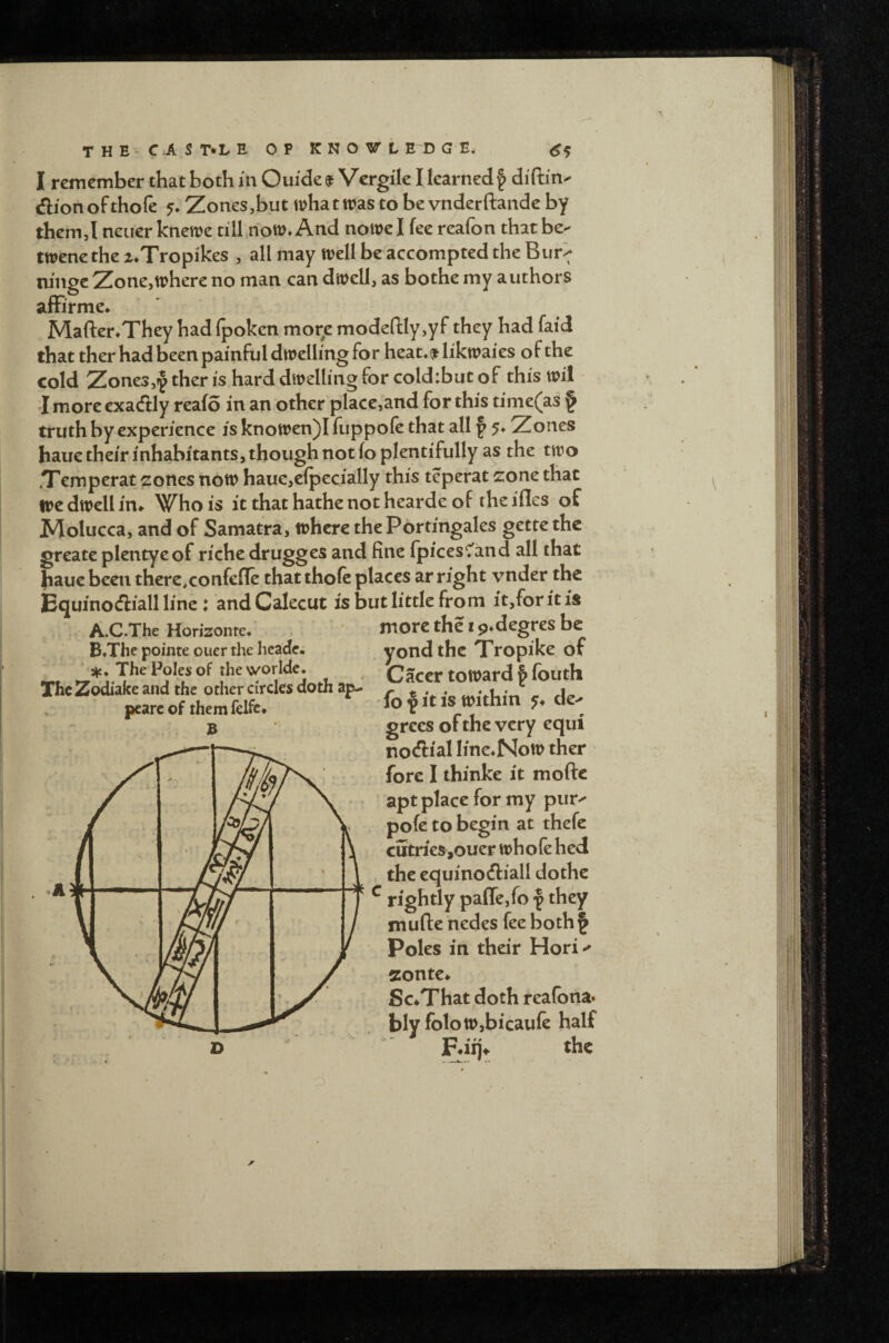 THE- CAS T*L E OP KNOWt ED G E. ^5 I remember that both m Ouide$ Vcrgile I learned f diftin- dionofthofe 5* Zones,but what was to be vnderftandc by them,I neuer knewe dll .now* And nowe I fee reafon that be- twene the i*Tropikes , all may well be accompted the Bur^ lungc Zone, where no man can dwell, as bo the my authors affirme* Mafter*They had fpoken mor^e modeftly,yf they had faid that ther had been painful dwelling for heat*^ likwaies of the cold Zones,ther is hard dwelling for coldrbut of this wil Imoreexadly reafo in an other place,and for this time(as § truth by experience is knowen)Ifuppo{e that all p 5* Zones haue their inhabitants, though not fo plentifully as the two .Temperat zones now haue,eipecially this teperat zone that ire dwell in» Who is it that hathe not hearde of the ifles of Molucca, and of Samatra, where the Portingales gettethc greate plentyeof riche drugges and fine fpicesC'and all that }iaue been there.confeiTe that thofe places ar right vnder the Equinodliall line : and Calecut is but little from it,for it is A.C.The Horizonre. more the 19*degres be B*The pointe ouer the heade. yondthc Tropike of theworldc. Cacer toward I fouth pearcof themfelfc* fo pit is Within jr* d B greesofthevery equi no(fi:ial Iine*Now ther fore I thinke it mode apt place for my pur-^ pofe to begin at thefc cutrics ,ouer wb o (e b ed the equinodliall dothe ^ rightly paflejfo p they mufte nedes fee both § Poles in their Hori^ zonte* Sc^That doth reafbna* bly foloWjbicaufe half Fdi]^ the