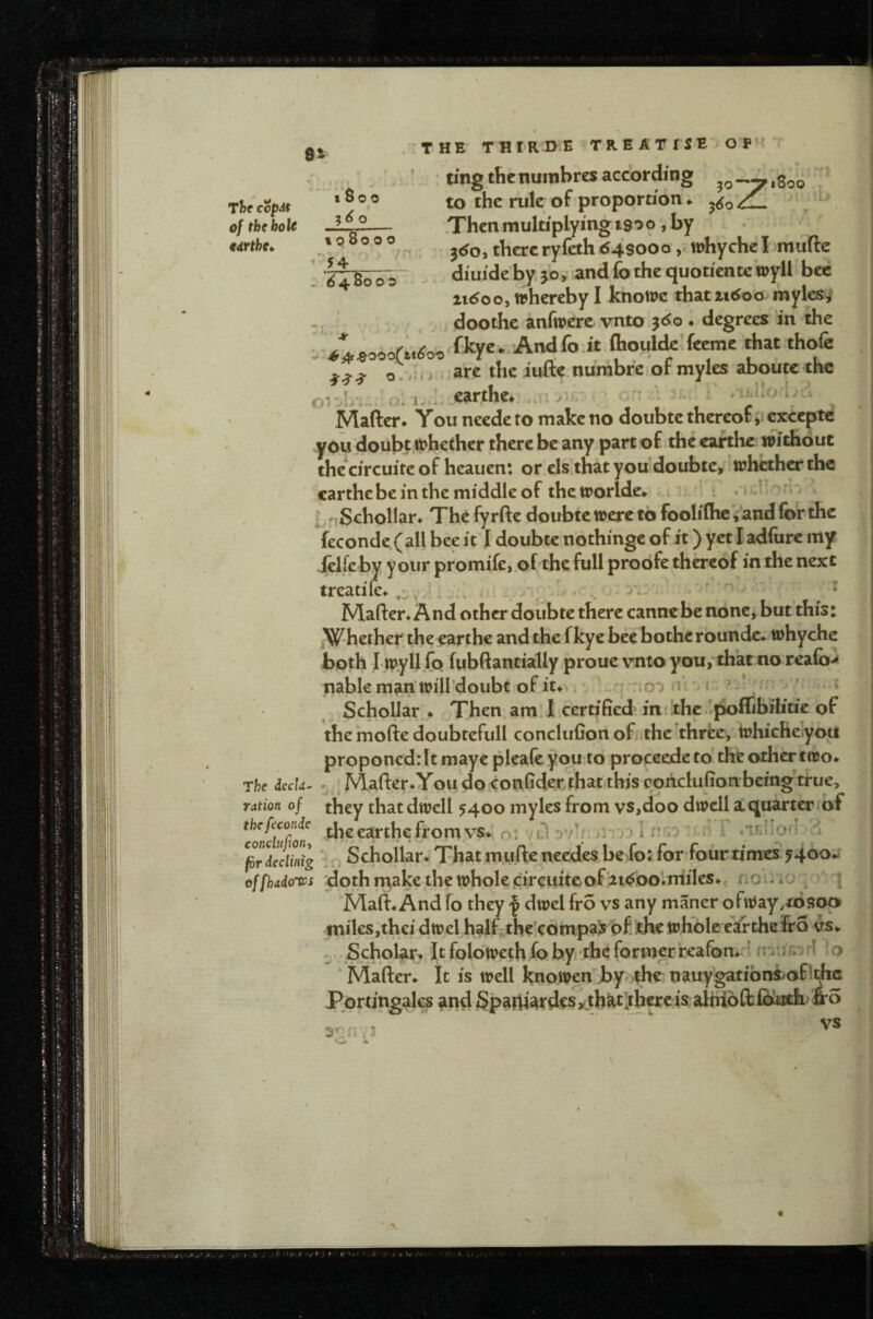 o 8* THE THIRI>E TREATISE O PH ting the nuinbres according ‘ to the rule of proportion* 'j- inr\t t » __I-— / * ' w t 8 O O The copdf y . _ 0/ the hole — Then multiplying isoo , by idrthe. ® ® tliercryfeth 643000, whychc I muftc - ^^8o~oo diuidebyjoy andfothequotientcVpjrll bee 1160o, tphereby I knotpc that ii6oo mylesi , doothe anftperc vnto 360 ♦ degrees in the * fkyc* And lb j't fliouldcifeemc that .thofe  o.. arc the iufte.nurabre of myles aboutc the Mafter* You neede to make no doubtc thereof cxccptc yob doubi «?hethcr there be any part of the earthe widiout thccircuitcof heauen: or els that you doubtc, whether the carthebcinthemiddleof thctrorlde* CL * •£:!! n- trtSchollar* The fyrftc doubtc were to foolilheVand for the feconde (all bee it I doubtc nothingc of it) yet I adfure my Jelfe by y our promife, of the full proofe thereof in the next treadle* . , - ' . ' i Maften And other doubtc there canne be none, but this: .Whether the earthe and the f kye bee bothe roundc* twhychc both I tpyll fo fubftantially proue vnto you, that no realb> nableman’tpiirdoubc of it* * q 'io‘> <1 • ^ < Schollar * Then am’1.certified iniithc.Ipoflibilitie of the mofte doubtefull concluCon of/«the ^thrke,'tDhicheyotl proponed: It maye pleafeyou to proceedeto the other two* . The decide r Matter * Ypu docotifider thatthjs coAclufionbeing’true, ration 0 f they that dwell 5400 myles from vs,doo dwell a quarter/of the feconde ejn-thc from yS* o* ytl *r:rj I nZ': i ‘ ♦IsliO'i ^ jdrdedOiig za Schollar^ That muftencedes be fo:Tor four times'y4oo*< offhadovs dpthrnake the whole cireiute of ■2i6bOirriiles*c nod. . ^ ‘Matt* And fo they | dwel fro vs any maner ofway.tbsoo miles,thei dwel half , the’eompa^ p£ the whole eafrthe&Q vs* : .Sfl^P^ar* It foloweth (ohyr the formerreafon*-! I0