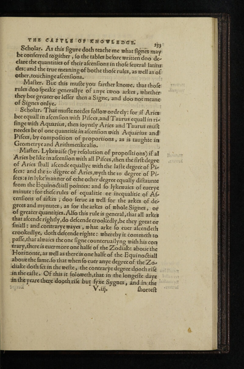 THB CAsfla-’dp'feNd’vtBDeE.’ j - Scholar. As this figure doth tcache me what fifitiis may be con^Ferred ttfgither, fo the tables before written doo dl Clare the quantities of their afcenfions in thofe feueral latitu' des: and the true meaning of bo the thofe rules, as well as of- Othcr^toucningc afcenfions*. ^Mafter. But this mufteyou farther knowe, that thofe • rules doo fpeake generallye of tnye twoo arkes, whether ' ' they bee greater or lelTer thenaSigne. and doonofmeanc or Dignes onIye» ^ , s ^ Scholar. Thatmufteneedes follow ordrely; for if Aries bee equall in afcenfion with Pifces,and Taurus equall in nV ' finge with Aquarius, then ioyntly Aries and Taurus muft needes be of one quantitie in afcenfion with Aquarius andf’ Pifces, by compofition of proportions, as is taughte in Geometryeand Arithmetikealfo. ° Mafter. Lykewaife(by refolution of propofitions)if al « . Anes be like mafcenfion with all Pifces .then the firftdcgre . ■ of Aries lhall afcendeequallye with the lafte degree of Pi.- fees: and the 20 degree of Aries,wyth the to degree of PP fees;* in lyke’mahner of cche other degree equally diftauntc from the Equinoftiall pointes: and fo lykewaies of eueryc minute:for-theferules of equalitie or iiiequalitie of Af¬ cenfions of aJ;kes j doo ferue as Well for the arkes of de¬ grees and myniites-, as for the arkes of whole Signes, or of greater quantities. Allb this rule is general .that all arkes that afcenderightly.do defeendecrookedly,be they great or fmall: and contrarye wayes% what arke fo euer afeendeth cr^kedlye, doth defeende righte; whereby it com meth to paile,that al waies the one figne counteruaily ng with his con wary.there is euermore one halfe of the Zodiake aboue the Hori2onte,as wellasthereisonchalfeof the Bquinodiall aboue the feme-lo that whenlo euer anye degreeof'the Zo- diake doth fet in the Welle ,i the contrarye degree dooth rife ; ;in the eafte. Of.this it foloweth.that in- the longefte daye ■ in the yearc there dopth rife’but fyxe Sygnes., arid an the t V.iij. flxorteft