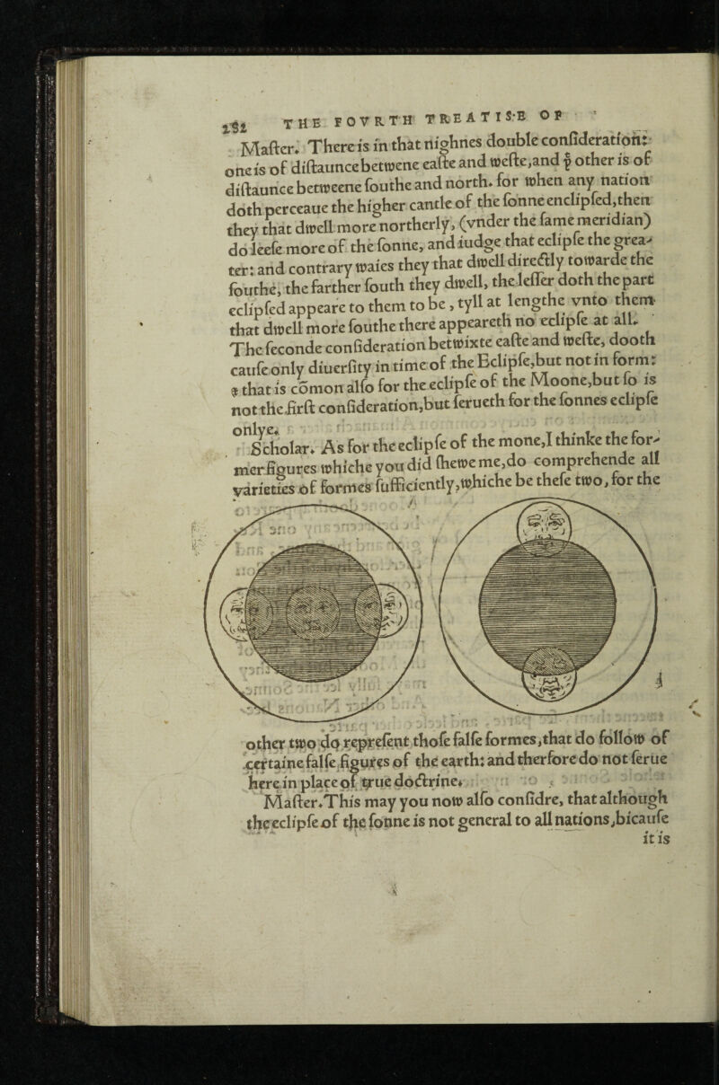THE FOVRTH TREATIS.E OF ’ _ Matter; There is in that nighnes double confideratiOtir one is of dittauncebctroene eafte and wette,and p other is or dittaunGebetroeenefouthe and north, for when any nation doth perceaue the higher cantk of the fonne enclipfed.then they that droelLmore northerly, (vnder the fame mmdian) doleett moredf the fonne, andiudge that eclipfe the grea> ter: and contrary waies they that d.r^ly towarde the fouthe; thefertherfouth they dwell, theJelTer doth the part eelipfed appeare to them to be, tyll at lengthe vnto them thafdwell more fouthe there appeareth no eclipfe at all. The feconde confideration betwixte eatte and wefte, dooth caufe only diuerfity in time of the Eclipfe,but not m form: , that is comon alfo for the eclipfe of the Moone.but fo is notthe-firtt confideration,but ferueth for the fonnes eclipfe ‘Solar.- a's for the eclipfe of the mone,I thinke the for^ ' merJgureswhiche you did (heme me,do comprehende all varied of formes fufFidently.wbiche be thefe two, for the . /*♦ 1 ‘If.-'’ other ts»o;4Q formes,that do follow of xertamefaife.figures of the earth: and therfore do not ferue here in place of,^uc dpcflnnc*.: ^ :: *'0 t ' Mafter^This may you now alfo confidre, that although theeclipfeof the fonne is not general to aIl n^ions,bicaufc it is V ■X