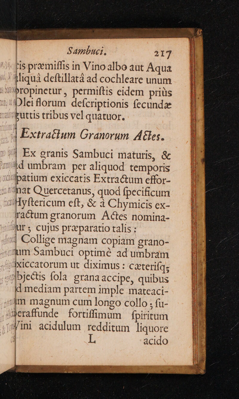 ^^ fis praemiffis in Vino albo aut Aqua AIiquà deftillatà ad cochleare unum iWbropinetur, permiftis eidem priüs 1; 'iDletflorum defcriptionis fecunda 'puttis tribus vel quatuor. i y Extratium Granorum. Aes. 114 Ex granis Sambuci maturis, &amp; /n'4d umbram per aliquod temporis iiilpatium exiccatis Extractum effor- i: 'inat Q uercetanus, quod fpecificum iHyftericum eft, &amp; 3 Chymicis ex- ractum granorum Actes nomina- (urs cujus przparatio talis ; /'] Collige magnam copiam grano- qcmm Sambuci optimé ad umbram Jifxiccatorum ut diximus : czterifqs etübjectis fola grana accipe, quibus — Hd mediam partem imple mateaci-  B magnum cum longo collo ; fa- süeraffunde fortiffinum fpiritum Wini acidulum redditum liquore | acido j ] |