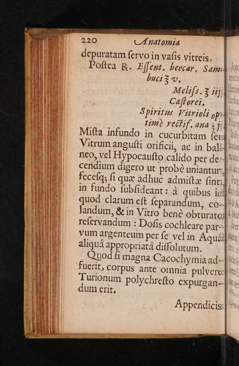 depuratam fervo in vafis vitreis. Poftea R. Elfent. beecar. Sam]. Duci S v. . Cafforei, Spiritus Vitrioli op]. Mifta infundo in cucurbitam fei neo, vel Hypocaufto calido per de: cendium digero ut probé uniantur:] fecefq; fi qu adhuc admiftz fint. LU in fundo fubfideant: à quibus ici quod clarum eft feparandum, co..] refervandum : Dofis cochleare par- vum argenteum per fe vel in Aquá, aliquá appropriatá diffolutum. Quod fi magna Cacochy mia ad--[ fuerit, corpus ante omnia pulvere]: Turionum polychrefto cxpurgan- dum erit,