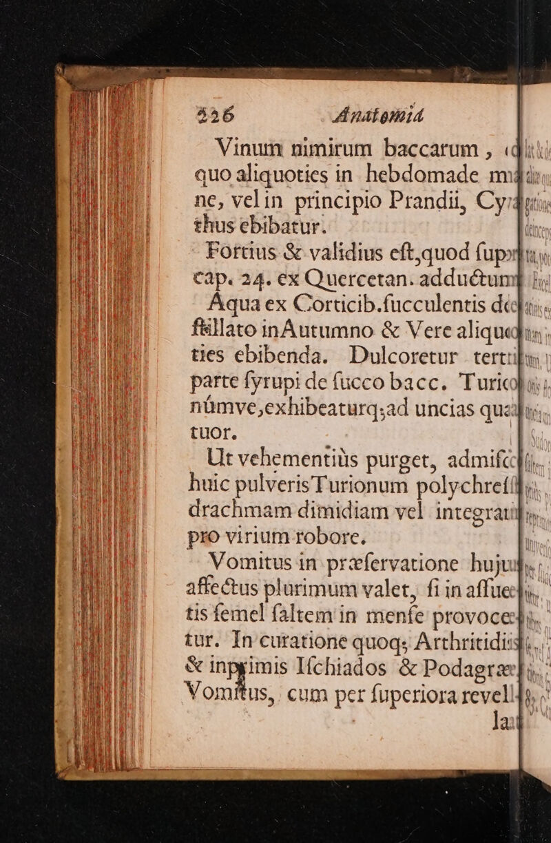 526 A natemid Vinum mmirum baccarum , «di. quo aliquoties in hebdomade mij nc, velin principio Prandit, Cy;jiui thus ebibatur. k Fortius &amp; validius eftjquod fupsu y. Càp. 24. ex Quercetan. adductum] ij; Aqua ex Corticib.fucculentis diu; f&amp;llato inAutumno &amp; Vere aliqua; ties ebibenda. Dulcoretur terti[u: parte fyrupi de fucco bacc. Turic nümve;exhibeaturq;ad uncias que tuor. | Ut vehementiüs purget, admifcci.. huic pulveris Turionum polychret(f.. drachmam dimidiam vel integraufy, pro virium robore. li Vomitus in: priefervatione hujuj. affectus plurimum valet, fi in affuexj,. tis femel faltem in menfe provocesja. tur. In curatione quoq; Arthritidi:g...: &amp; inpyimis Iíchiados &amp; Podagra]i.: Vomis, cum per fuperiora revell4o, lad