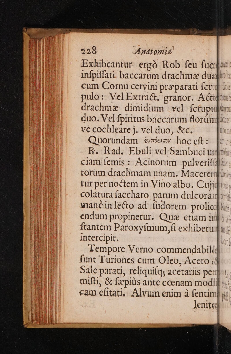 Exhibeantur ergó Rob feu fuco: cum Cornu cervini praparati fera (t pulo: Vel Extra&amp;. granor. Actigusit duo. Vcl fpiritus baccarum florümp i: ve cochleare j. vel duo, &amp;c. | Quorundam sve hoc eft: E. Rad. Ebuli vel Sambuci uidi ciam femis : Ácinorum pulverif45 torum drachmam unam. Macererjfii. tir per noctem in Vino albo. Cuyo; »ianéinleco ad fudorem prolicdi. ftantem Paroxyfmum,fi exhibetu intercipit. | Tempore Verno commendabilid funt Turiones cum Oleo, Aceto (3 Sale parati, reliquiíq; acetariis per]. | cam efitati,, Alvum enim à fentim] ji lenite