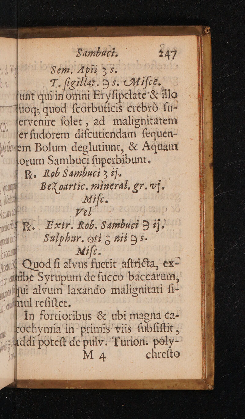 Sem. Api 5» s. | T. fieillat. 5 s. Mifc. - Jufit qui in omini Eryfipelate'&amp; illo 100q; quod fcorbutüicis erébrà fu- lervenire folet, ad malignitatem ler fudorem difcutiendam fequen- idem Bolum deglutiunt, &amp; Aquam -Jorum Sambuci (üperbibunt. |. R. Rob Sambuci 5 1j. | | Bexoartic. »iimeral. gr.vj. i Mifc. | vel | 1 ER. Extr. Rob. Sambugi 3 i]. Sulphur. oti 3$ t1i 5 s- Mif. libe Sytupum de fucco baccártüiri, Jul refiftet. | In fortioribus &amp; rochymia in primis viis fubfiftit , Addi poteft de pulv. Turion. poly- M 4 chrefto