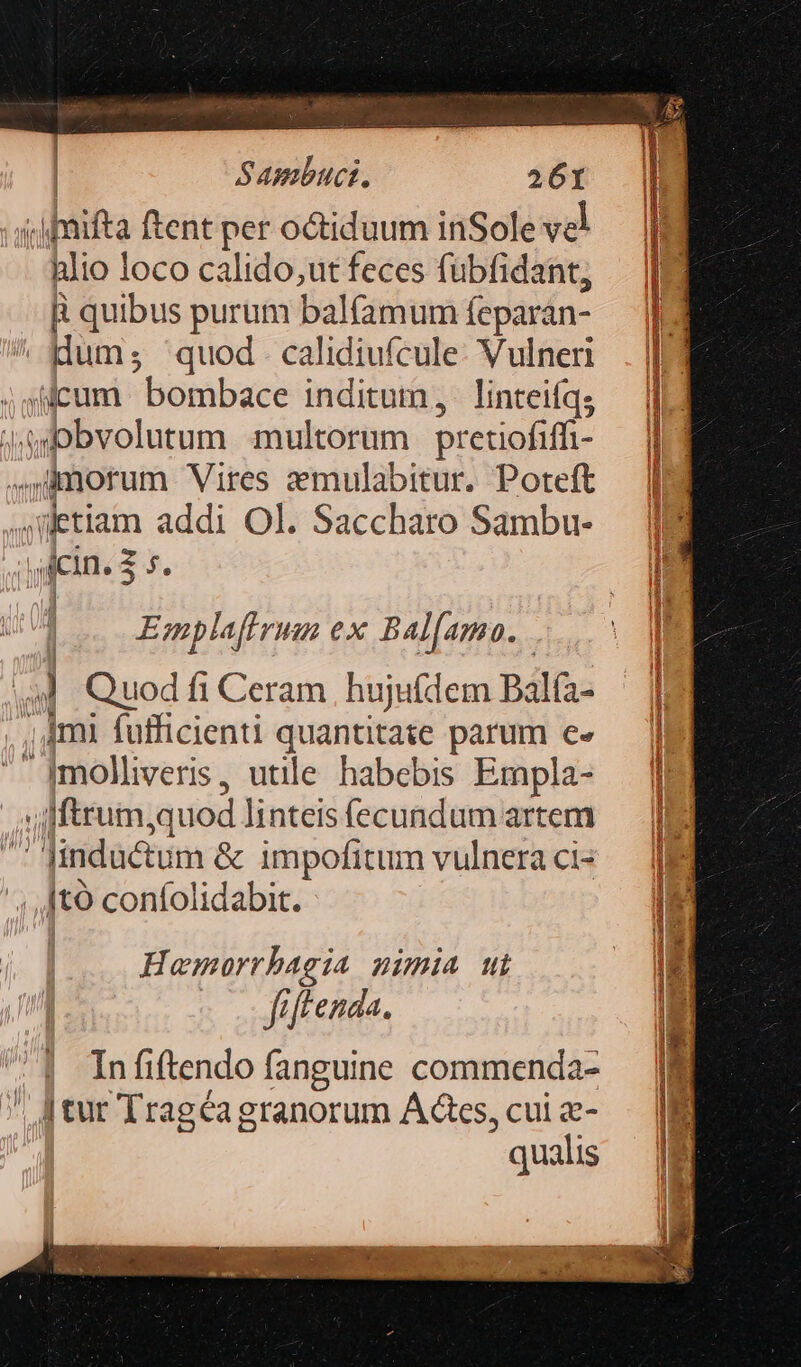 wi as e | | Sambuct. 26t «d fnifta ftent per o&amp;iduum inSole vel alio loco calido,ut feces fubfidant, 'R quibus purum balfamum feparan- i Hum ; quod - calidiufcule: Vulneri ;sMcum bombace inditum, | linteifqs | a olumm multorum pretiofiff- 4Jmorum Vires emulabitur. Poteft etiam addi Ol. Saccharo Sambu- cin. : Ji. Emplaffrum ex Bal[amo. | iid B Quod fi Ceram hujutdem Dalía- , 4mi fufficienti quantitate parum e» ' |molliveris , utile habebis Empla- ;ifftrum;quod linteis fecundum artem Jinductum &amp; impofitum vulnera ci- |,Jt9 confolidabit. Hemorrbagia nimia ui - o fiftenda. In fiftendo fanguine commenda- |tur Tragéa granorum Actes, cui z- qualis