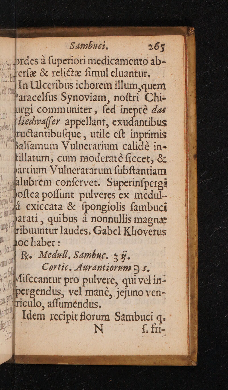 | Sambuct, 265 i, prdes à fuperiori medicamento ab- ^, nferfae &amp; relicte fimul eluantur. ;,,J1n Ulceribus ichorem illum,quem faracelfus Synoviam, noftri Chi- urgi communiter , fed inepté Za ., Hiedwaffer appellant, exudantibus , ,Jructantibufque , utile eft inprimis Palfamum Vulnerarium calidé in- Lillatum, cum moderaté ficcet, &amp; .. artium Vulneratarum fubftantiam ' salubrem confervet. Superinfpergà joftcz poffunt pulveres ex medul- M exiccata &amp; fpongiolis fambuci , garati , quibus à nonnullis magnase ^! iribuuntur laudes. Gabel Khoverus * qoc habet : C4 Fe Medull, Sambuc, 5 jj. | Cortic, Aurantiorum 9 s, ^ ;Mifceantur pro pulvere, qui velin- * Ipergendus, vel mané, jejuno ven- ^? $riculo, affuméndus. (^4 Idem xecipit florum Sambuci q. NIuvcucdemwuecalcexesmpaauned LIZCC c TRENT NE CETTE m —