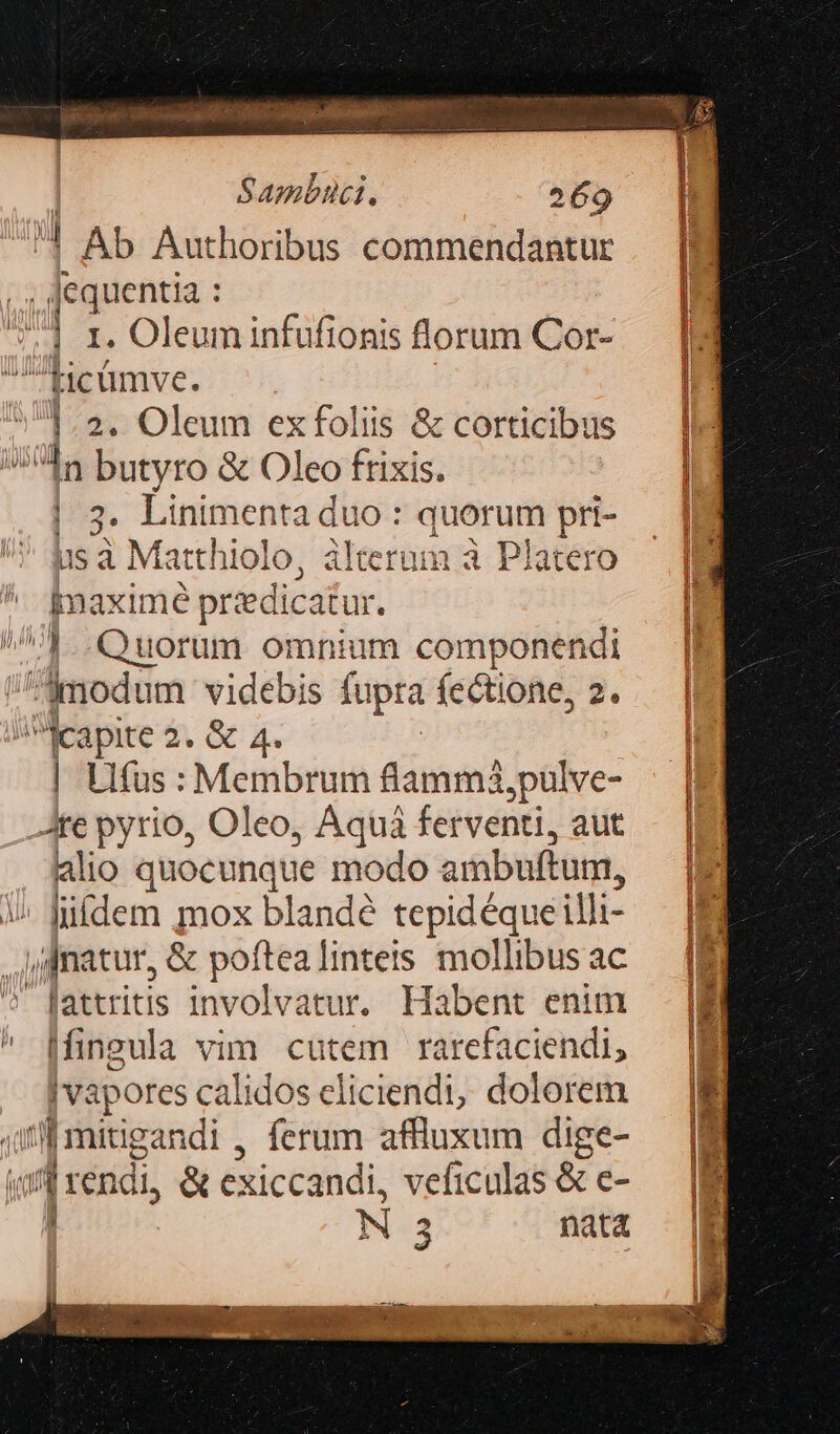 p Sambuct. 269 4 Ab Authoribus commendantur , Jequentia : | infufionis lorum Cor- tcüumve. |. 2. Oleum exfoliis &amp; corticibus | 3. Linimenta duo : quorum pri- us à Matthiolo, Àlterum à Platero ,P naxime priedicatur. | Quorum omnium componendi inodion videbis fupra fectione, 2. dJlcapite 2. &amp; 4. id Llfus : Membrum flammài,pulve- Jte pyrio, Oleo, Aqua ferventi, aut alio quocunque modo ambuftum, liiídem mox blandé tepidéque illi- jfnatur, &amp; poftealinteis mollibus ac Jattritis involvatur. Habent enim (fingula vim cutem rarefaciendi, Jvapores calidos eliciendi, dolorem t miigandi , ferum affluxum dige- ;s] rendi, &amp; exiccandi, veficulas &amp; e- N 35 nat MisscmccN NDIBOP. . o9 en.