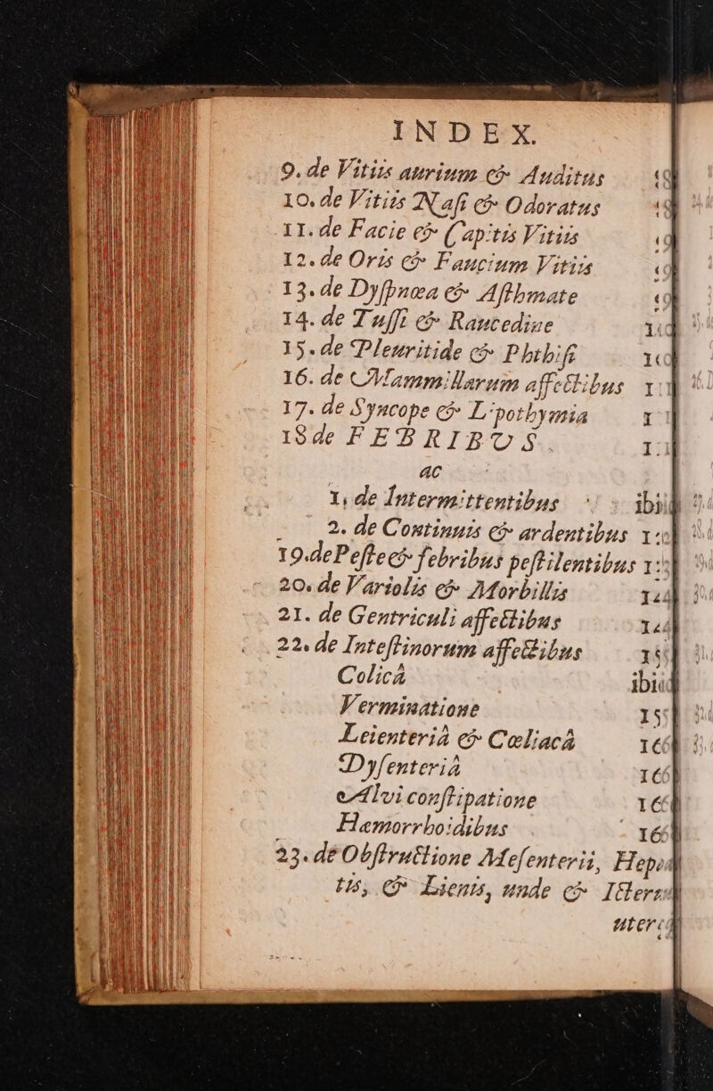 LDNODIEX 9. de Vitiis aurium có- Muditus I0. de FVitizs AN aff &amp;&amp; Odoratus 1I. de Facie e ( ap:tzs Vitirs 12. de Orzs c Faucium Vitin 13. de Dyfbuea c&amp; Aftbmate 14. de T «fft c&amp; Raucediue 15. de *Plemritide c P brbife 16. de CMVMammllarum a fletibus 17. de Syucope có L'potbysnia i94 e FE RIBUOS 4c Y de Ínterpaittentibus 0s ibi ; 2. de Continua €&amp; ardentibus ul - 19.dePeflec febribus peftlentibus 1: 20. de V'ariolzs e?» Morbilli 124 21. de Geztriculi affettibus 144] 22. de Inteflinorum affe ibus ij] C olicá ibi | Verminatione I5 Leienteria € Coliacá IC JDyfenteriá IC evi conffipatione ICQ FHemorrboidibus - Y6 23. de Obflrutlione A7Mefentevii, Hep: H5, C Lien, unde c^ Ier: uterca