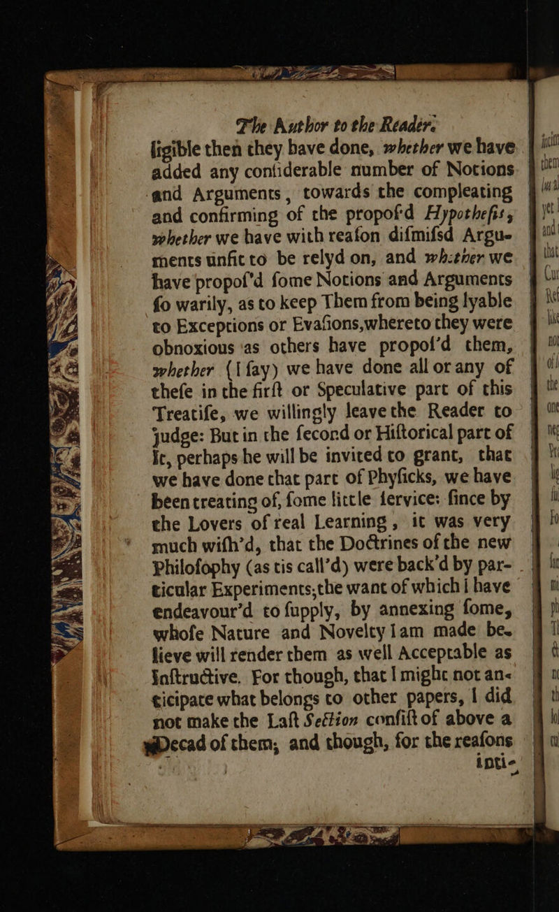 ligible then they bave done, whether we have added any confiderable number of Notions and Arguments, towards the compleating and confirming of the propofd Aypothefis, sphether we have with reafon difmifsd Argue ments unfitto be relyd on, and wh:tner we have propof'd fome Notions and Arguments fo warily, as to keep Them from being lyable to Exceptions or Evafions,whereto they were obnoxious ‘as others have propot’d them, whether ({fay) we have done all or any of thefe in the firft or Speculative part of this Treatife, we willingly leavethe Reader to judge: But in the fecord or Hiftorical part of ic, perhaps he will be invired co grant, thae we have done chat pare of Phyficks, we have been treating of, fome little fervice: fince by the Lovers of real Learning , it was very much with’d, that the Doctrines of the new Philofophy (as tis call’d) were back’d by par- ticular Experiments,the want of which i have endeavour’d to fupply, by annexing fome, whofe Nature and Noveltyiam made be. lieve will render them as well Acceptable as §nftructive. For though, that I mighc not an- ¢icipace what belongs co other papers, | did not make the Laft Seétion confiltof above a wDecad of them, and though, for the reafons . | ipti- 