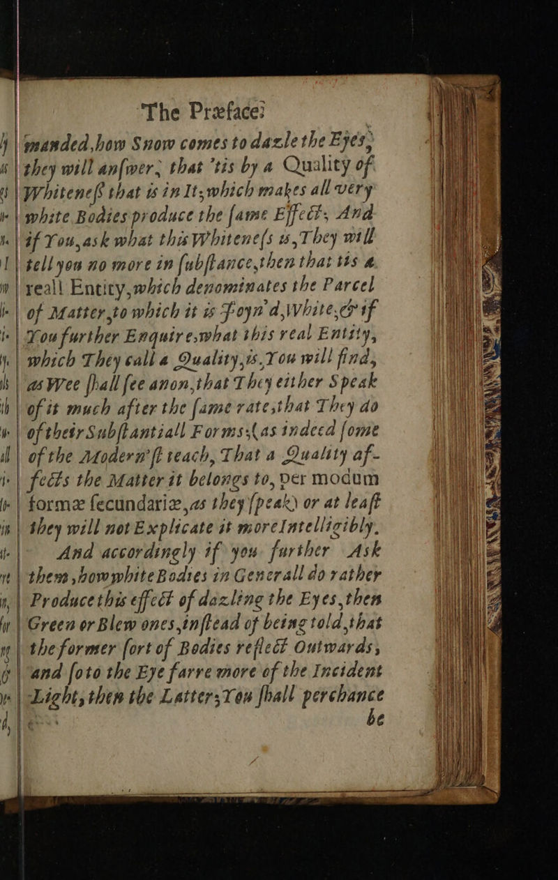                              The Preface? Whitene[ that is in It,which makes all very white Bodies produce the [ame Effect, And if You,ask what thiswhitene(s s,They will tell you no more in (ubftance,then that tts a of Matter,to which it is F-oyn d,White,ey if You further Enquire,what this real Entity, which They call 4 Qualiry,is,You will find, awee fhall fee anon,that They either Speak of it much after the [ame rate ,that They do fects the Matter it belongs to, per modum And accordingly if you farther Ask Produce this effect of dazling the Eyes,then the former fort of Bodies reflect Outwards; Light, then the Latter;You fhall perchance gai be  