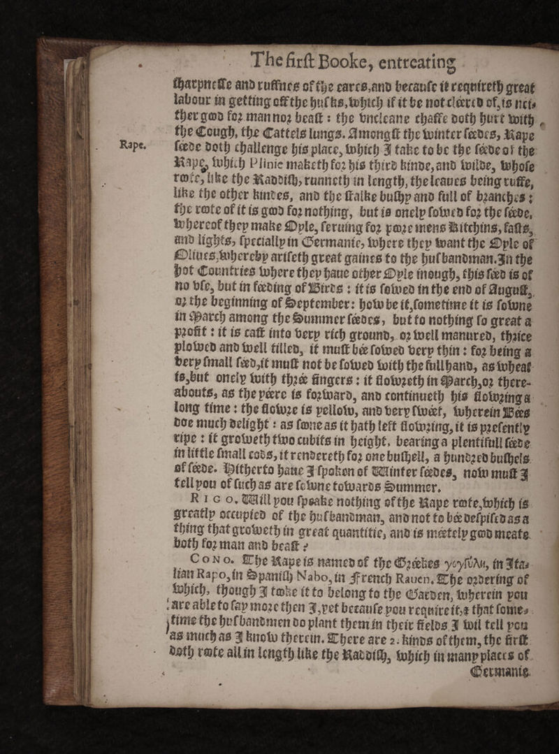 The firft Booke, entreating ibatpmffe ano ruffiies of the eares,ano becaufc If requited) great iaUoar in getting off the fmffcs.tohich If it be notcfereO c f5ts ncl* %rg©o fo? manno? bcaft: tf?e bncleane cija^fe isotf) Sjurt Haiff;, flje Cough, the Cattels lungs. tfmongft the tolntcr feeds, Jdapg feede Doth challenge ins place, tohich 3 tafee to be the feoeoi tlje Hap^iu&u!) Piiniemafefhfo?his thtro femDe,ano toiloe, tehofe rore, libe tfje ttaoDIfl), runneth in length theieaues being ruffe, libe the other bintes, ano the ffalbe buffi? ano full of b?amh*s; fbe retrofit Is gcob fo? nothing, but la onelp fotocO fo? the feoe, tobereoffhep make £>ple, ferulng fo? po?e mens Iklfchlns, faffs3 an& lights? fpcciallpln Germanic? tofere tfjcp toant the j©ple of ©liucs.tohcrcbp arifefh great games to tfje hufbanoman.3n the fjot Countries Inhere then haue other 4Dn!e tnough, this feo is of no bfe, but In feeing of Birrs: It is fetoeo in the enb of0uguff5 0; the beginning of September: hctobeft,fomefime it Is fetone in t^arch among the Summer feocs , but to nothing fo great a Profit: It is caff Into berp rich ground 0? toeil manureo, th?ice plotneD ano toeil filled if muff bee fotoeo berp thin: fo? being a berp fmail feo,tf muff not be fotoeb toltlj the fallhano, as tofjeaf ls,buf onelp tolfh thfe fingers: It floto?eth In eparedo? there¬ abouts, as the peere Is fo?toaro, ano contlnueth hi* fioto?inga long time: the flcto?e is pelioto, ano berp ftoeef, toheretn Bees boe much beltghf '• as fene as It hath left ficto?ing,it isp?efenf!p vipe t it grotoeth ftoo cubits In height, bearing a plentiful! fefie tnUftle fmail cobs, itrenbereth fo? onebulheU, a hunO?eO buthels of feoe. hitherto haae I fpoken of Mutter febes, noto muff 3 f ell pou of fitch as are fc tone totoaros Summer. R 1 g o, Mill pou fpeabe nothing of the l&ape rote,tohich is greatfp occupieD of the hnfbanoman, ano not to bceoefpifcoasa thing that grotoeth in great quantise, ano is nfetetogoo meats both fo? man ano beat e Cono. 2EheMapstsnameoof theC^oekes ycyfvhu, fo3f& ttttRaFo,fn Spaniel) Nabo, tn jf tenth Rauen.fEhe o?0eringrof which, though 3 t©ke it fo belong to the dtfatoett, toherein pou *arc f° i*3? mo?e tljen 3,pet becaufepoa require if?$ that feme* i time the hufbanbmen 00 plant themin their fielos 3 toil tell peu as much as 3 tmoto therein. Ehere are 2. binos of them, the fir ft feftt$ rote allin length like the ftaooi% toijich in manp places of • ' . , • Cetmanto