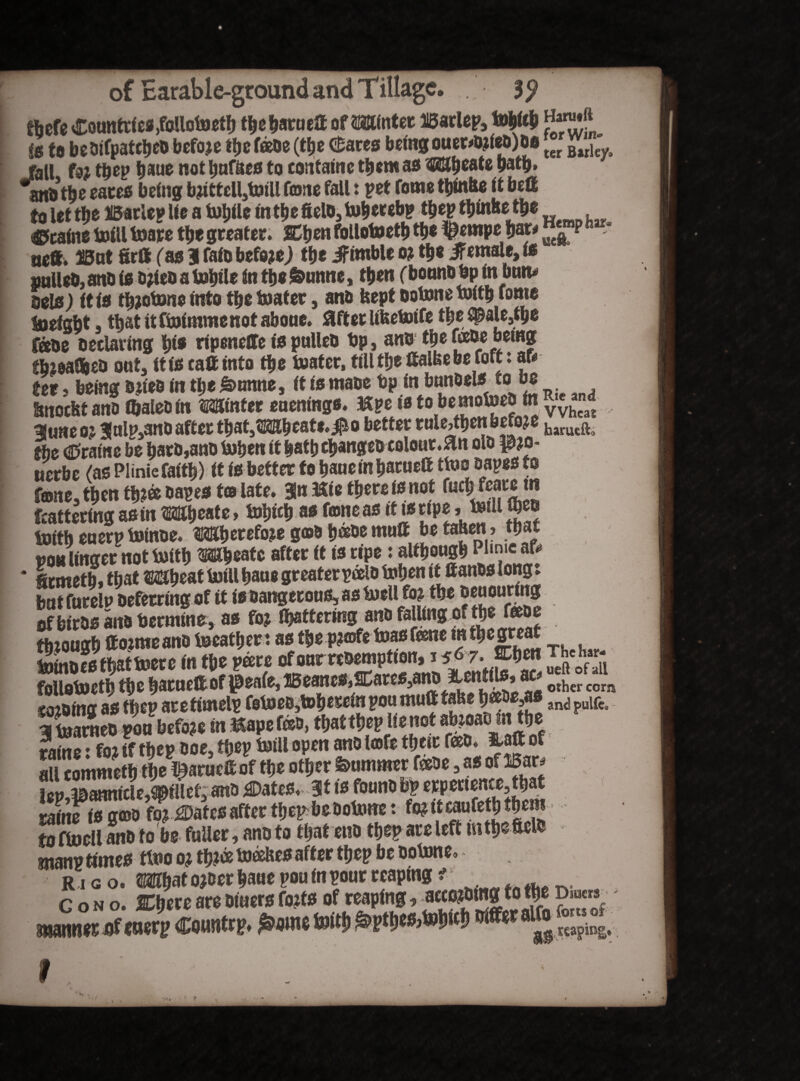 there Countries,foUotoetb tbebarued of»ttet Barlep, tobicb Hanwft is to beOifpatcbeobefore tfje teoe (the chares being ouer*jiep) 00 [“ J/ Jfall fa? the? baue not bate*# to containc them as Wheats bath» anb tbe cates being b?ittell3totU fame fall: pet fome tbfo&e it bed to let the HBaticp lie a turtle in the fiel03 toberebp tbep ttimhe t|»e Stains toill toape the greater. Ctjen follotoetb the ^entpe f)sx* ^ P neft But fird (as 3 faib before) the Nimble 0? tt>e ifemale, is Dulleb, ano is o?ieo a tobile in tbe &unne, then (boons bp inbun* gels) itis tbretone into tbe boater, anb fcept ootone tnitb feme boeigbt. tbatitftoimraenotaboue. afterlifeetoife tbe#ale5tbe feebe oeclaving bib ripeneffe ispuUeb bp, anb tbeteoe being ttneadjeo oot, itis cad into tbe toater, till tbedalbe be fort: m Ut 3 being bites in tb< £>unne, if is maoe bp in bunbels to be Soiocfct ano flialeo in Winter cuentngs. Hpe is to bemotoeb in , 3une 0? 3ttlp,anD after tbat3Wbeat«.#o better ruie>tben before hanwft# the (0raine be barb,ano toben it batb changes colour.an olb Pro* uerbe (as Plinie faith) it is better to bane in battled ttoo oapes to tone, then tb?®oapes to late. an Hie there is not facbfearem Mattering asin Wbeate, tojmb as tone as if ts npe»J»tU ibee toith euern toinse. Wherefore g©0 b&oe mud betaUeti j that uoo linger not toitb Wbeatc after it is ripe: although Pl«n>e aft* * firmetbjfbat Wbeattoillhauegreaterpeelstobenit danbslongt butfurelu Deferring of it is Dangerous, as toell1 to?-the beoourmg of birbs anb termine, as to? (battering anb falling of the feeoe through dormeano teeatber: as the p?©fetoas tone mfbesreat tomo^Vttoetc fit mmc 3$5 follotoetb the hatuedof^eafe, 15emteSjSnare^ano^a.eitttlSs ac other corj sorbing as they atefimelp totoet^toberein poa mud take b&oe,as an<3 ?ulfc 3 toarneo poo before in Hapetoo, tbattbep lie not agoaid in the raine: for if tbep ooe, ttjep toill open ano tofe tb«r too. iUd of aUcommetb the framed of the other Summer tooe, as of Bar* Iep,?0annicle,^iUef, ano ;©ates. at is founo bp erpertence that ratoe togojo formates after tberbeootone: ? to ftoell anb to be fuller, ano to that eno tbep are left mtb® ficio manp times ttoo 0? three toeefees after tbep be ootone. r igo. What oroer bane pou in pour reaping f G o n o. Sphere are Diners forts of reaping, accorotngto the Dium wZSZSml Count.?. tout, ft*»M**