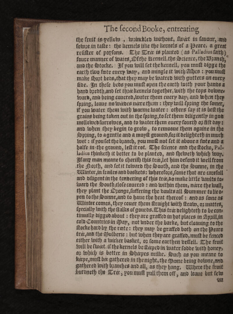• • The CecondBooke, entreating '• tt)c fruit is^pelloto tmimfcUd iuitfjout, ffcodet in fauour, anb fotme in tafte: the kernels like the kernels of a j£eare> a great reftfter of popfons. %\e Eree is planted (as Palladius faith) foure manner of toaies,£>f the ifterneUdbo Science, ftje2l5i?att€fj!J'' and ttjc fetocke* 3fpcu toill fet tlje kernel!, poa mail digge the cart!) ttoo faste cucrp toap, and mingle it toitb ftlijes : poumuft make flbo^f beos,tbat ttjev map be toatred toitk gutters on euerp fide. 3n tbefe beds poumuft open the earth truth pour bands a band b?edtb,and fet tk?ee kernels together, tuitb ffje tops detune# ioard,and being co«erco,toater rtjem cuerp sap-, and toijm tkcp fp;ing, leatte noto#Dcs neeretkem: tkep toill fpdng tlje faner, if pou loafer them toitk toarmetoafer: others fap if is beft the grains being taken out in tlje fpdngdo fet them dtligeitflp in gad melloioedfurrotoes^no to boater them euerp fourth o? fiff bap t and token tkep begin to groto, to remooue tfjem againe in the £>p?ing, to a gentle attb a mopft ground,fo?if deligktetk tnmucfj toet: ifpoufeftkebjanck, pou mutt not fet itabouea fate ano a kalfe in tlje ground, left if rot. Cfje fcience anb tkeftoeke, Pal¬ ladius tkinketk it better to be planted, anb fljetoetk tokick toap, 3fanp man meanefo ckertfl) this ft®,let ktm befeno it to ell from the #oftk, and fetit fotoartj tke&>outk,and tlje &>unne, in ttje W[inter3m frailes anb baskets: tokerefoje3fom e that are careful! anb diligent in tlje tendering of tfjfs free,bo make little dailies too toarb the ^outb,clofecouereb: andioitkin them, nderetkefoall, tkep plant (be £>?enge,fuftering tbe baultsal! Rummer to lie o# pen fatke£>umte,ano to baue tbe beat thereof: anb as fane as Winter comes, tijep ccuer them ff ratgkt toitk ftrato, o? mattes, fpeciallp loitb tkeftalks ofgourbs.Ebts freeoeltgbtetb to be con# tinuaUp digged about: fbep are grafted in hot places in ftpdlMn colb Countries in ^ap, not bnber tlje bathe, but cleaning to tbe ftockebarbbp tbe rcofe: fbep map be grafted both ontke^earc f roe,anb tbe^ulberie: but token fbep are grafted, mull be fenced either toitk a ioicker basket, o$ fome earthen beffetl. Eke fruit ioill be fUseef, if the kernels befteepedin toatcr fobbe to itb konepj o? tokitk better in £j>keepcs milke. ^ueb as pou meane to keepe,miift bee gathered in tbenigbt,fbe tponc being botone,and gathered toitk branches and all, as fbep bang* Where the fruit imronetk tbo Er$, pou muft pull them oft, sko but feto m