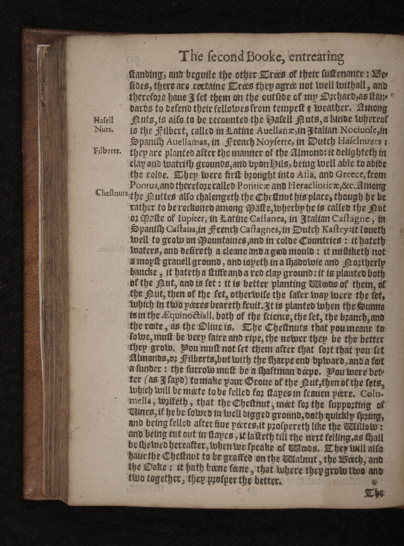 Hafell Nuts. Filbert*. The fecond Booke, entreating ifanoing, ana beguile tfje other CroS of their fulfcnance: Be* (toes, there are cerfaine Crees thepagrte not lueUteif ball, arte therefore Ijaue 3 fef them on the outfiDe of mp C?e haro,as tfam' barbs to oefeno their fellotees from temprlf $ teeather. 0mong $uts,is aifo to be reccunteo the ^afell j^uts3abiitae teheteof is the ifilbcrf, calleb in iiatine Audlana,m Italian NociuoIc,fn ^pamli) AuclJamas, in ifrench Noyfette, in jsDufch Hafdnuzcs : thepare plantco after the manner of the kimono: it Deiigfjfcftj in clap ano teatrifh grounos,ano bponl^iis, being teell able to abioe the ccloe. Chep tuere firtt bjoughf «lt£| Alia, ano Greece, from Pontus,anb therefore calleo Pontica ano Heracliodcsj&c.^mong Cheitmits aifo ehalengeth the Cheffmit his place, though hr be rather to bereebeneo among SJt>affe,teherbpbeis calico the 0ut O? {palfe of Iupiter, in Ratine Cal lanea, in Italian Caltagnc, in ^>panilh Callaua,in if tench Caftagnes,in SDuteh KafteyUf loueth tuell to groin on $pounfaines,ano in coloe Countries: it hateth tnafers,ano oefireth a cleane ano a g®o moulo: ttmiflibeth not a mopft grauell grouno, ano topef h in a thaootuie ano $ okherlp banebe, it hateth a ftiffeano a reo clap grounO: it is planteO both of the Jmt, ano is fet: it is better planting IMIcdds of them, of the ipuit, then of the fef, othertotfe the fafer inap inere the fef, tohidJ in tteo peetes bearcth fruit. 3|t is planfeoinhen the&unne isin the Aiquinodiall, both of the fcterne, the fet, the branch,ano the rote, as the £D!iue is* Che Cheftnufs that poumeaue to fotee,muft be berp faire ano ripe, the neiner fhep be the better %p groin. i$ou muff not fef them after that fo?t that pou fet kimonos,©? if ilberts,buf teith the fijarpe cno bptearo, ano a f©t a funoet: the fucroin mult be a fljaffman ooepe. f^outeere befr ter fas 3U fapo) fornabe pour Crone of the #uf,fhen of the fets, infpch inill be mate to be felleo fo? Capes in feauen pare* Colu- meiUjinjifeth, that theCheCnut,meet fo?the fuppojfing of tames, if he be foteeo in inellotggeo grouno,ooth qutcfclp fpdng, ano bemgfelleo after fiue pares,it p?ofpereth libe the Wliete: ano being cut out fnftapcs, it laCeth fill the nett felling,as foall be IbetoeO hereafter,inhen tee fpeabe of tM©os. Chop ball aifo hauethe Cheffnut to be gtaffeb on the »!nut, the Beech, ano the 3Dabe ♦ it hath fcbene fane, that inhere thepgrointtoo ano tteo together, theppjofper the better, © ■ « • Che-