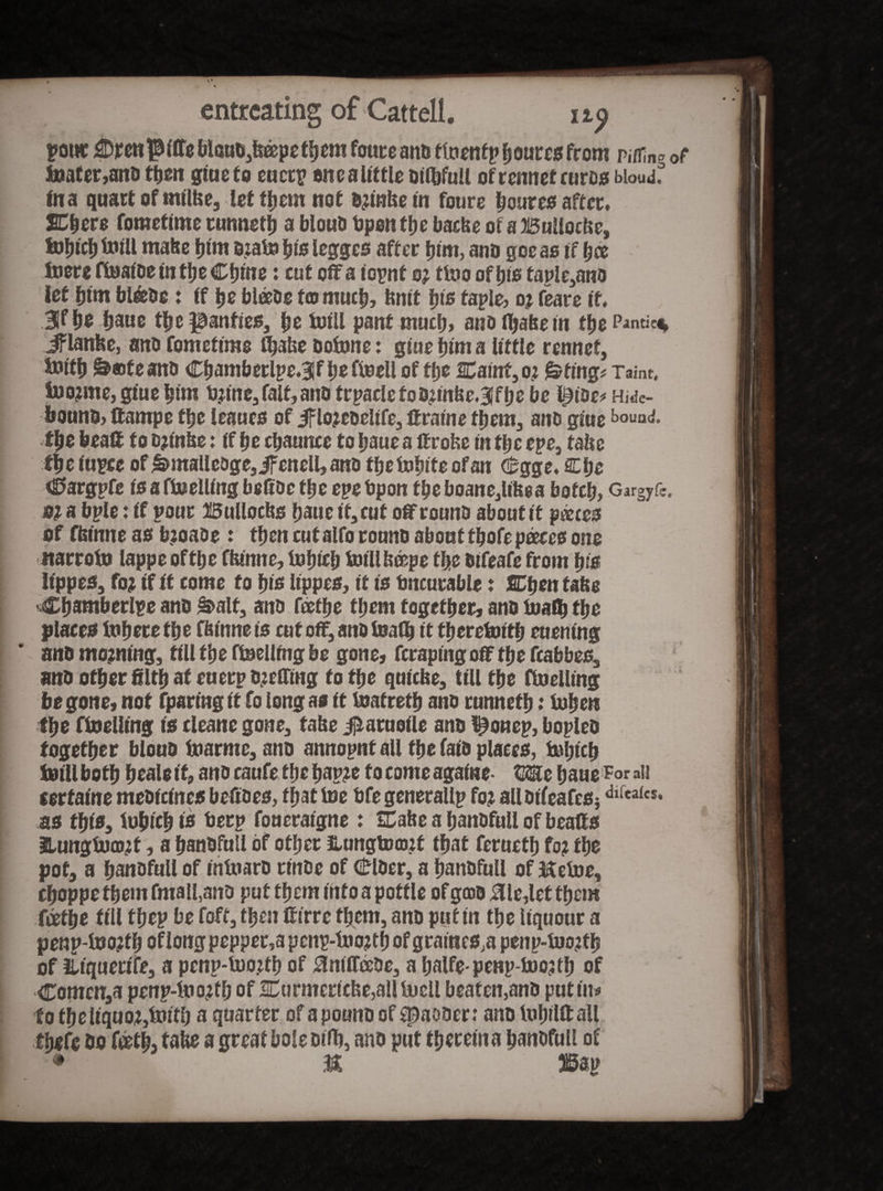 pot# 0 ren p iffe blauo,feape them foure ano ftoenfp boat es from mn. 0f taater,ano then gtueto euctp one a little mfbfuU of rennet euros bioudf fna quart of milbe, let tljcm not finite in foure boutes after. SC^ero foraetime runneth a blouo bpon tbe bacbe of a Bulloebe, tabicb toil! mabe him orata bis legges after him, ano gee as if bee taere ftaaioeintbeCbine: cut off a iopnf or ttao of bis tapie,ano let bim bl&Oe: if be bleeoe tco much, bnit tyis faple, or feare it 3fbe baue tbe panties, be taill pant much, ano fljabe in tbe Pantic* Jflanbc, ano fomefime ibabe Dotane: giue bint a little rennet, taifb &©feano Cbamberlpe.Blf befell of fbe Cainf,or &ting* Taint, tao?me, giue Ijim brine, fait,ano frpacIefoOrinbe.Bifbe be pioe# Hide- bounOj ftampe tbe leaucs of ifloreoelife, ffraine them, ano giue bound. the beaff to orinbe: if be cbauncc to baue a ffrobe in tbe epe, tabe tbe iupce of §>malleoge,if enell, ano tbetabite of an <£gge. Cbe <£>argpfe is a ftaelling befioc tbe epe bpon fbe boane,libea bofcfj, Gargyfe* or a bple: if pour Bullocbs baue it, cut off rouno about it pares of fbinne as broaoe : then cut alfo rouno about tbofe paces one narrota lappe of tbe fbinne, tabicb taill bape fbe Oifeafe from tfig It'ppes, for if ft come to fjis iippes, if is tmcurable: SCben tabe Cbamberipe ano &>alf, ano fatbe tljem together, ano taaib tbe places tabere fbe fbinneis cut off,anotaa(b it tberetaitb euening ano morning, till fbe ftaelling be gone, feraping off tbe fcabbes, ano other filth at euerp oreffing to tbe quicbe, fill fbe ftaelling be genet not fparing it fo long as ft taafretb ano runnetb: taben tbe ftaelling is cieane gone, tabe jiUtuoile ano ponep, bopleo together blouo taarme, ano annopnf all the faio places, tabicb taill both beale it, ano caufe tbe bap?e to come againe- We baue Tor ail cerfaine meoicines befioes, that toe bfe generallp for all oifeafes; dl(ca(cs* as this, tabicb is berp foueraigne : SCabe a banofull of beads Hungta©rt a a banofull of other ilungtocort that feruetb for the pot, a banofull of intaaro rinOe of (itlOer, a banofull of Ketoe, cboppe them fmall, ano put them infoapotfle ofgcoo Jdle,let them fee the till fbep be faff, then ffirre them, ano put in the liquour a penp-toorfb of long peppers penp-toortf) of graities,a penp-taortb of lliquecife, a penp-too.rtb of ^niflaOe, a balfe-penp-taortb of Comcn,a penp-taortb of 2Curmericbe,all tocll beaten,ano put in* to fbe liquor,toitb a quarter of a pouno of spaaoer: ano tabilff all there bo fatb, tabe a great bole oilb, ano put tbeceina banofull of * M 5Sap