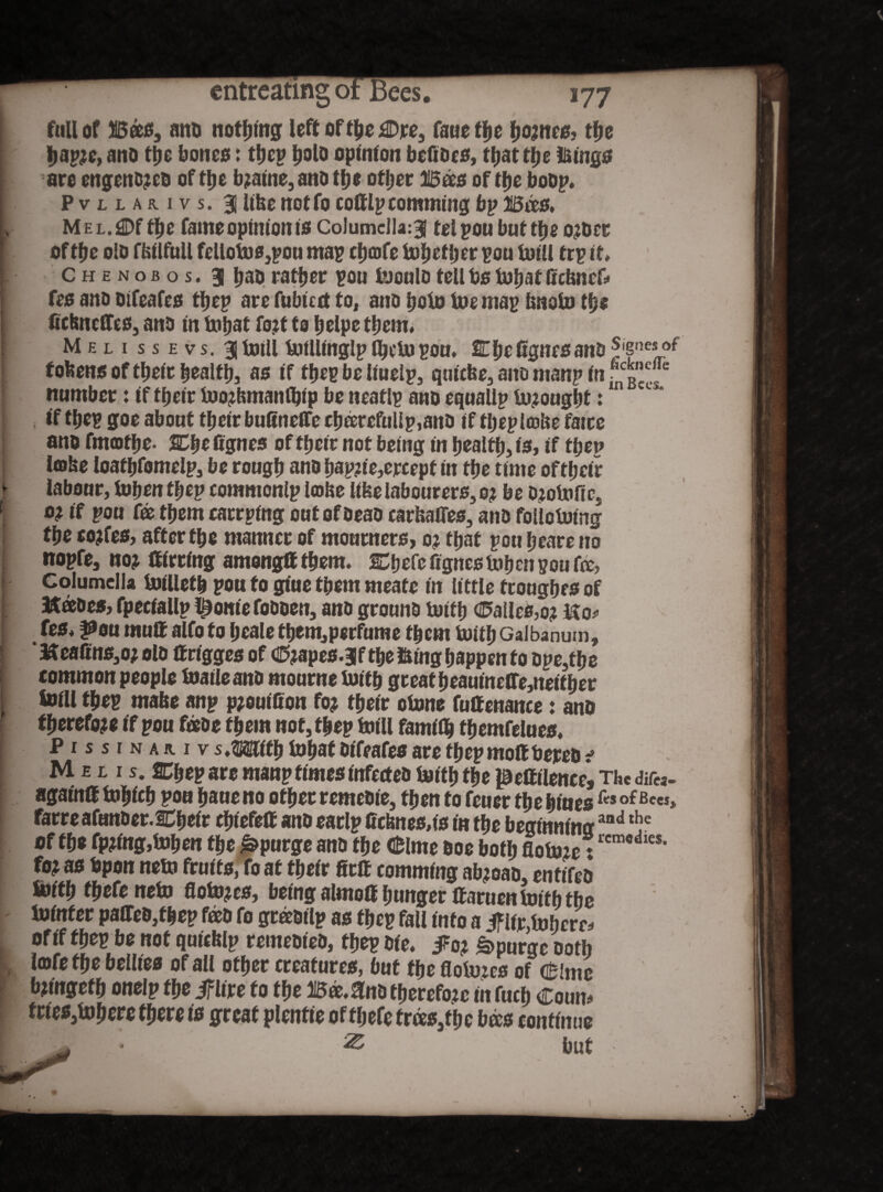 I full of Beets, ano noting left of the £Dre, faue tfjc homes, tfie i fjapjc, ano tije bones: tbep ^olo opinion befiocs, tfjat tye iSings [ are engenojco of tljc bjaine,ano ttje otljer 315as of tfjc boDp. Pvllarivs.31 libe notfo cofflpcomming bp 3i5ces, v M£L.£)f tpe fameopimonis Columella:^ telpou buttle ojOck l of the oio fbilfuil fellotoOjpou map cfjcnfe together pou tmll trp it» c h e n o b o s. 3 Ijao rather pou taoulo tell bs fobat Gcbnef* fes ano oifeafes tbep are fubiect to, ano boto toe map bnotu tps Gcbncffes, ano in fobat fo?f to belpe them. M e l i s s e v s. 3 bull UiUlinglp ibetopou. UbeGgnesano tobens of tbeir health, as if tbep be liuelp, quiche, ano manp in number: if tbeir toojbmanlbip be neatlp ano equallp bought: I if tbep goe about tbeir buGneffe cbarcfuUp,ano if tljepltobe faicc ano fmojfbe. &be Ggnes of tbeir not being in health, is, if tbep Ifflbe loatbfomelp, be rough ano bap?ie,ercept in the time of tbeir labour, toben tbep commonlp lobe libe labourers, 0? be Ojotofic, \ 0? if pou fee them carrping out of oeao carhaffes, ano follotuing the eojfes, after the manner of mourners, 0? that pou beare no nopfe, noj Girting among® them. ICbefc fignes toben pou fa, I Columella toilletb pou to giue them meafe in little tcougbes of SKeeoes, fpecfaUp Itonie foooen, ano grouno toitb (0allcs,o? j$o* fes* |Sou muff alfo to bcale tbem,perfume them toitb Galbanum, 'MeaGns,o;olo ffrigges of dfyapes.BJftbeftmgbappento ope,the tommon people toaileano mourne toitb greatbeauineffe,neitber \ toill tbep mabe anp pjouiGon fo? tbeir otone fuffenanee: ano therefore if pou feeoe them not, tbep hull familb tbemfelues, Pissinahivs Mittf tobat oifeafes are tbep moff hereo ? M e l i s. &bep are manp times infeeteo toitb the pefftlencc. The difa~ again® toljicb pou baue no other remeoie, then to feuer the bines fes of Bc«* I farre afunoer.Cbeir cbiefeff ano earlp Gcbnes,is in the beginningand *5? of fb* fp?ing,toben tbe Spurge ano tbe <£lme ooe both floto:c:rcmcdle$* fo? as bpon nett» fruits, fo at tbeir fitff commfng ab?oao, entifeo Jiiftb fbefe neto flotojes, being almoff hunger ffaruen toitb the loinfer paffeo,tbep feeo fo greeoilp as tbep fall into a iflfotohcrr* , of if tbep be not quicblp reineoieo, tbep bie. iFo? Spurge Doth fv tofe the bellies of all other creatures, but the flofoies of <£!mc f biingetb onelp the if lire 10 the Bee. 9 no therefore in fucb Coum I tries,tobere there is great plentie of fljefe tras,tbe bas continue ^ but