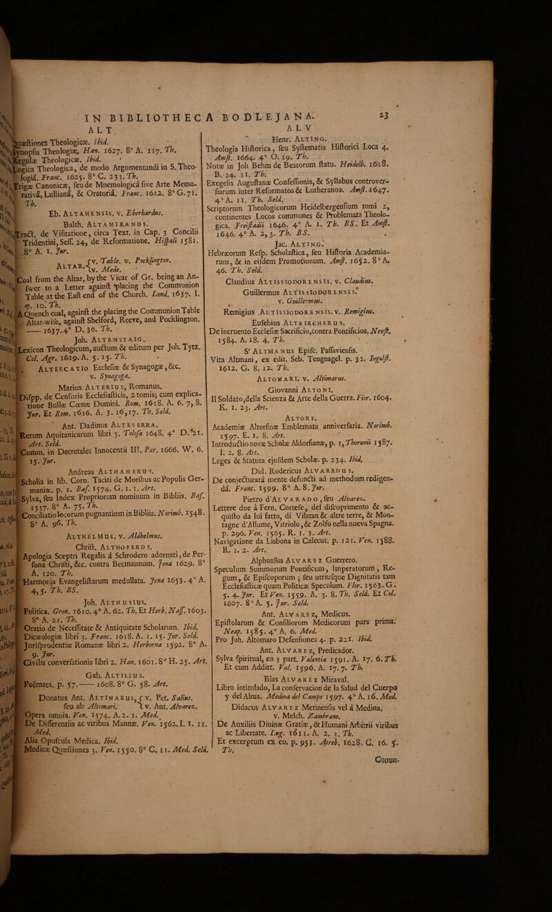 \ IN BIBLIOTHEC ALT. 5l3aeftiones Theologicae, ibid. - ;i5f\>ynopris Theologiae Ban, 1627. 8° A. 117. Th* k'\Regulae Theologicae. Jbid, • Vtogica Theologica, de modo Argumentandi in S.Theo* logia, trme, 1625. 8° C. Trigae Canonicae, feude Mnemologica five Arte Memo- rativa, Lulliana, & Oratoria. FrAnc, i6iz, 8” 0.7!. t 1 iSv* Altahensis. V. Eberhardus» . Balth. Altamiranus. ‘‘^Trad. de Vifitatione, circa Text. in Cap. 3 Concilii L 1 Tridentini, SelT. 24, de Reformatione. Bijj^a/i 1581. S^^A. I. J«r. . fv. Tab/f, V, Vocb^innort, Mciie. • Ailll % 1 ij, hk . ■ jComli Jn. Coal from the Altar, bythe Vicar of Gr. bemgan^An- fwer to a Letter againft «placing the Communion Table at the Eaftend of the Chureh. Lo^d, 1637. I. '* ft|j AQlien°ch coii, againft the placingthe Communion Table Altar-wife, againft Shelford, Reeve, and Pocklington. •-1637.4® C)- 36. Th. Joh. A LTENSTAIG'. Lexicon Theologicum, audum & editum per Joh.Tya. Co/, 1619. A. $.i$.Th, Altercatio Ecclefiae & Synagogae, &g. V. Synagoga. Marius-ALTERiu s, Romanus. Difpp. de Cenfuris Ecclefiafticis, 2 tornis^ cum explica- tioW Bullae Coenae Domini. Ront. 1618. A. 6. 7, 8. Jnr. Et Rom. 1616. A. 3* Ant. Dadinus Altes erra. Rerum Ac^uitanicarum libri 5* 1648. 4® jirt. Seld. Comm. in Decretales Innocentii IIT. Rar. 1666. W. 0. 15. Jur, Andreas Althamerus. - Schblia in lib. Corn. Taciti de Moribus ac Populis Ger¬ maniae. p. I. ^574- O. I. i.Art. Sylva feu Index Propriorum nominum in Bibliis. Raj. 1537. 8° A. 75*... . , o Conciliatio locorum pugnantium in Bibliis. AforW. 154^. ''*• A. 96. Ti>- AlthelMus.v. Aldhelmm, Chrift. Althoferu s. Apologia Sceptri Regalis d Schrodero adornati,de Per- • icS-l fona Chrifti, &c. contra Becmaunum. ^ena. 1629. 8° A. 120. Th. Harmpnia Evangeliftarum medullata. Jend 1653. 4° A. 4,5. Th. RS. Joh. Alth u sius. • Politica. Gron. 1610.4° A. 62. Th. Et Herb. Najf. 1603. 8° A. 21. Th. ' Oratio de Neceflitate & Antiquitate Scholarum. Ibid, Dicaeologiae libri 3. Erane. 1618. A. i. 15. Jur. Seld. Jurirprudentias Romanae libri 2. Herborna 1592. 8® /I. 9* Civilis convCrfationis libri 2. Ban. 1601.8° H. 25. Art. Gab. Altiliu s. Poemata, p. 57.-1608. 8° G. 58. Art. Donatus Ant. Altim arus,J v. VtU Saltus. feu ab Alternari. l v. Ant. Alvarez. ,w opera omnia, f^en. 1574. A. 2. i. Med.^ De Differentiis ac viribus Mannae, Ven. 1562.1. i. ii. Med. Alia Opufcula Medica. Ibid. Medicae Qucefiiones 3. Vtn. 1550. 8® C. 11. Med. Seld, A BO DLE JAN a: 23 A L V Henr. Altino. :■ Theologia Hiftorica, feu Syftematis Hiftorici Loca 4. Am^. 1664. 4® 0.19. Th.. .10 Notae in Joh Behra de Beatorum ftatu. Eleidelb, 1610, B. 24. ii. Th. - ■ Exegefis Auguftanae Confeffionis, & Syllabus controver- fiarum inter Reformatos & Lutheranos. Awfi. 4® A. II. Th, Seld. Scriptorum Theologicorum Heidelbergenfium tomi 2, continentes Locos communes & Problemata Theolo- ' gica. Ereifiadii 1646« 4® A. i. Th, RS, Et Afnfi, 1646. 4° A. 2, 3. Th. RS. . • Jac. Altino,' Hebraeorum Refp. Scholaftica, feu Hiftqria Academia- rum, & in eifdem Promotionum. Awll. 16^2. 8® A. 46. Th. Seld, Claudius Altissiodorensis. V. Claudius, Guillermus Altissiodorensis.* V. Guillermus, Remigius .Al-tissiodorensis.v. Remigius, Eufebius Altkircheru s. De incruento Ecclcfiae Sacrificio,contra Pontificios, Neufi, 1584. A. 18. 4. ^ . ..V S'Altmanus Epife. Paffavienfis. Vita Altmani, ex edit. Seb. Tengnagel. p. 32. Ingelft. 1612. G. 8. 12. Th, Altomari. v. Altimarus, Giovanni Alto ni. II Soldato,delIa Scienza & Arte dclla Guerra. Eior. 1604. K. I. 23. An. Altore. Academiae Altorfinae Emblemata anniverfaria. Norimb. 1597. E. I. 8. Art. Introdu(flio novae Scholae Aldorfian3e,p. i^Thorunii 1387.' I. 2. 8. Art. Leges & Statuta ejufdem Scholae, p. 234. Ibid, . Did. Rodericus Alvaradu s. ^ ' De conjedurata mente defundii ad methodum redigens da. Erane. 1599. 8° h.S.Jur. Pietro d’AL v a r a d o , feu Alvarez.. Lettere due aFern. Cortefe, dei difeoprimento & ac- quifto da lui fatto, di Vilatan&.altre terre, & Mon- tagne d’Allume, Vitriolo, & Zolfo nella nueva Spagna. p. 296. Ven. 1565. R. I. 3. Art. Navigatione da Lisbona in Calecut. p. i2i. Ten. 1588. R. I. 2. Art. ') Alphonfus A L V A R E z Guerrero. Speculum Summorum Pontificum, Imperatorum, Re¬ gum , & Epifeoporum ; feu utriufque Dignitatis tam Ecclefiafticae quam Politicas Speculum. Flor. 1563.GI 5. 4, Jur. Et V^en. 1559. A. 3. 8. Th. Seld, Et CqI, 1607. 8® A. 5» Seld, ' Ant. Alv ARE z, Medicus. Epiftolarum & Confiliorum Medicorum parR prima, Nea^. 1585. 4® A. 6. Med. Pro Joh. Altomaro Defenfiones 4. p. 221. Ibid, Ant. A L V A R E z, Predicador. Sylva fpiritual, en 3 part. Valentia 1591.'A. I7. 6:Th, Et cum Additt. Val. 1596. A. Xj. 7. Th, Bias Alv ARE z Mira val. Libro intitulado, La confervacion de laSalud dei Cuerpo y dei Alma. Medina dei Campo 1597. h, 16. Med, Didacus Alvare z Metinenfis vel a Medina. V. Mclch. Zamhrano, De Auxiliis Diuinae Gratiae, & Humani Arbitrii viribus ac Libertate. Lug, idii. A. 2. 3. TL Et excerptum ex eo. p. 953. B^reb, 1628, G. 16. Th: Comm»