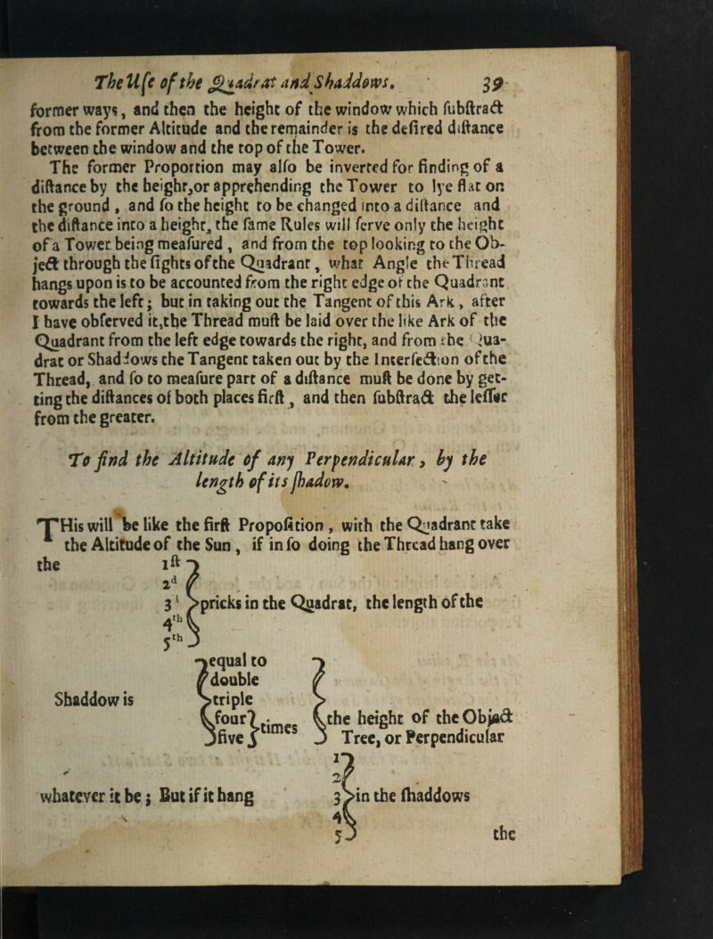 former ways, and then the height of the window which fubftrad from the former Altitude and the remainder is thedefired diftance between the window and the top of the Tower. The former Proportion may alfo be inverted for finding of a diftanceby the beighr^or apprehending the Tower to lye flat on the ground , and fo the height to be changed into a diltance and the diftance into a height^ the fame Rules will ferve only the height ofa Tower being meafured , and from the toplookingtocheOh- Jeft through the fights of the Qaadranr, what Angle the Thread! hangs upon is to be accounted from the right edge ot the Quadrant cowards the left; but in caking out the Tangent of this Ark, after I have obferved it,the Thread rouft be laid over the like Ark of the Quadrant from the left edge towards the right, and from t he ' Qua¬ drat or Shaddows the Tangent taken out by the Interfcdion of the Thread, and fo to meafure part of a diftance muft be done by get¬ ting the diftances of both places firft, and then fubftrad the leflic from the greater. To find the Altitude of any Perpendicular ^ by the length of its jhadorv. THis will be like the firft Propofition , with the Qnadrant take the Altitude of the Sun, if in fo doing the Thread hang over the Sbaddow is 3 ^ >pricks in the Qjjadrat, the length of the equal to double >criple vfour7 fivci times whatever it be; But if it hang the