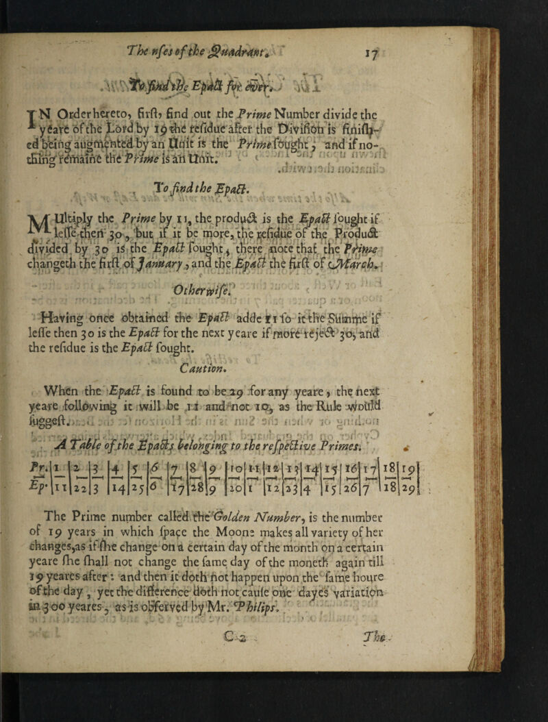 hPe > TN Orderhweto, firflvfind out the Pr/«;^ Number divide the ^ bfthe Lord by i^the rcridue'after the Divifibti is fijiifl^- ed b^ng augftl?i?t'ed. by an flhit h the' Prime fought, and if no-_ tBIn'gr^matn^ thd i’ri^^isalltirtit^^ ^ - i v. .. luv j .J'i’.vj.oi.j;] . , TofifidtheEpaB* >4 4 Xyf' Ultipty the Prime by 11, the produ(9: is the EpaB ^^leflTe'thert^^o.,'but if it be more, the ^fodu(S divided, by 30 i^tthc fought.^ th'ere.thotcthaf the changeth the firft'bf and the firft 0^ Zj^drch,.[ ' i..' ■ . ‘ i Otherwife^' , . ; •, I > * ‘ • Jk Having onee obtained the 'adde itifo ktlVeS^^^ lefl'e then 30 is the EpaB for the next yeare if more iej^^30vanid the rehdue is the EpaB fought. Caution* When the is found to be.a9 .forany yeare > the nexi yeare foUjbwiog it ;will be ai andmoc 1% as the RuJe .y^oiild fuggefl:,. i H t[ ni't t-.f; . i-* if* ^ Table ofthe EpaB^ belonging to the refpeBiye PrimeSi * Lit. 5 5^ f 8 U ^****'4 ft Iro H I s 14 £5 16 17 18 11I22 3 25 6 ^7 I8j9 jiQ , I 12 . 23 4 ^5 26 1 18 The Prime number czWz^-'^i^^olden N'umher’) is the number of 19 years in which ipaye the Moons makes all variety of her changesjas if foe changeona certain day of the month on a certain yeare foe fhall not change the fame day ofthemoneth again till of tbt day , yet the difference Both not.caufepne dayes variation ia *3 00 yeares 5 as is olfferved by'Mr. Philips'^.' ; .' , C.-i Th&. VO