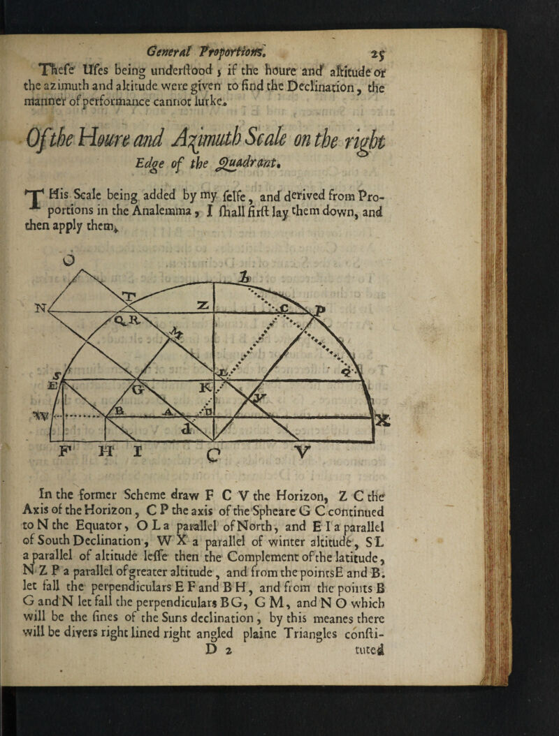 Axis of the Horizon, C P the axis of the Sphearc G C continued to N the Equator, OLa parallel of North, and El a parallel of South Declination, WXa parallel of winter altitudfe^, SL a parallel of altitude Icife then the Complement of the latitude, N Z P a parallel of greater altitude, and from the poinrsE andB. let fall the perpendiculars E F and B H, and from the points B G and N let fall the perpendiculars BG, G M, and N O which will be the fines of the Suns declination , by this meanes there will be divers right lined right angled plaine Triangles confti- D 2 tilted General Ffdportioffs] Thefe Ufes being underfiood 5 if the houre ancf aftitudecyt the azimuth and altitude were given to find the Declination, the manneV of performance cannot iurke^ i ; • Of ’’h Hquu and Afmth Scale on the right Edge of the His Scale being added by my ftlfe, and derived from Pro- portions in the Analemma, I (Eall firft lay them down, and then apply them^ O