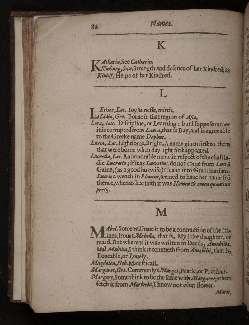 s* JAVVICS, — K KAtharintSzc Catbarin. Ji KmburgySax.S trcngth and defence of her Kindred: as Kiutilfy Hclpe of her Kindred. *— - *■ r\ L •j LEttke,Lat. Ioyfulnefle, mirth. Lidia, Gre. Borne in that region of Lora-iSax, Difcipline,or Learning: butlfnppoferather it is corrupted from LaurajLhsx. is B ay,and is agreeable to the Greeke name Daphne. Lucia, Z<*/.Lightfome)Bright.A name giuenfirft to them that were borne when day light firft appeared. Lucretia,Lat. An honorable name in refped of the chaft la- die Lttcretia; if it a S Lucretius,do not come from Lucru Gaine,(as a good huswife) I leaue it to Grammarians. Lucres a wench in ?/.«»/«/,fecmed to haue her name fro thence, when as hee faith it was Nomen & omen quantities fretij. ;• . -- J M 9 ~ L V ( yr* AbelS ome wil haue it to be a contradion of the Ita- jians,from tJMabeUa, that is. My faire daughter, ot maid. But whereas it was written in Deeds, Amabilia, and MabilUyl think itcommeth from Amabilis, that is, Loueable,or lonely.. - iTR AfagdaletffHeb.Maiefiicall, MargoretfGre. Commonly tMarget^ PearIe,or Pretious. MargtrjySomz think to be the fame with Marearetiothcrs /?** f » f* « & i I Y # A + Marie,