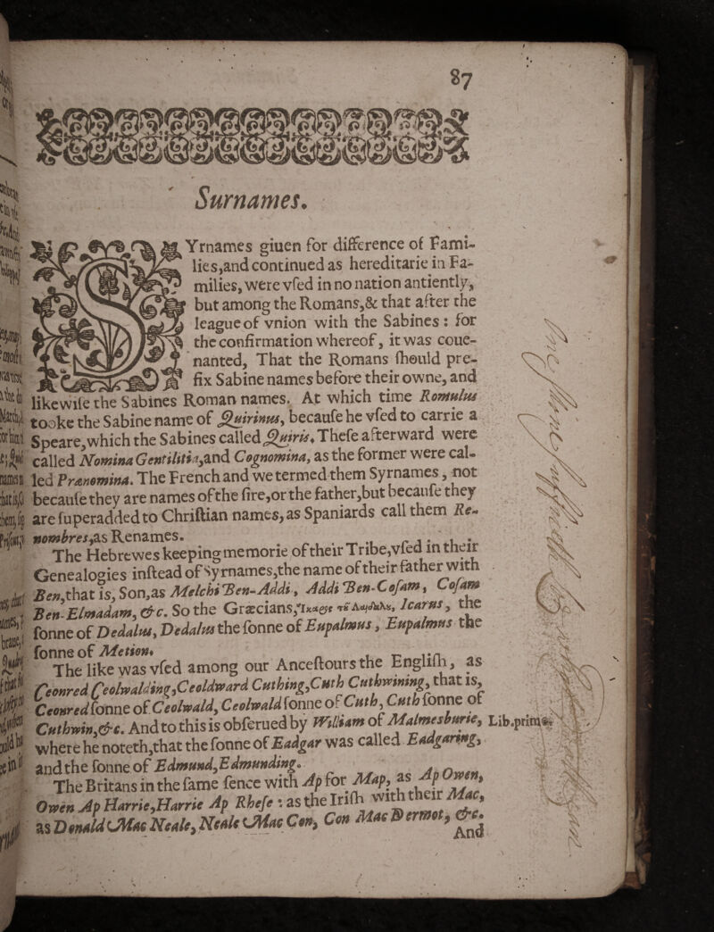 Ml* Wtfx 'otliig tan to:r ijf tM aafSjf W Wf f&t jul^ Surnames. 4 &T > i *« Yrnames giuen for difference of Fami¬ lies,and continued as hereditarie in Fa¬ milies, were vfed in no nation antiently, but among the Romans,& that after the league of vnion with the Sabines: for the confirmation whereof, it was coue- nanted, That the Romans flheuld pre- „ m fix Sabine names before their owne, and likewile the Sabines Roman names. At which time Rontulm tooke the Sabine name of gmrinus, becaufehe vfed to carrie a Speare,which the Sabines calledThefe a.terward were called Nomina Gentilitisand Cognomina, as the former were cal¬ led Pranomina. The French and we termed them Syrnames, not becaulethey are names ofthe fire,or the father,but becaufe they are fuperadded to Chriftian names, as Spaniards call them Re- nombres^.% Renames. • The Hebrewes keeping memorie of their Tribe,vied1 in their Genealogies inftead of Syrnames,the name of their father with i?£#,that is, Son,as Melchi 'Ben-AM , Addi Ben-Cofam, Co/am Ben-E/ntadam.&c. So the Grecians,'vtAyJku, J earns 3 the fonne of Dedaltu, Vedalus the fonne of Eupalmus, Eupalmm the Tonne of Metton* _ rn The like was vfed among our Anceftours the Englilh, as fconred Ceolwalding&oldward CHthing^Hth Cuthmning that is Ceonredfonne of Ceolwald, Ceolwaldiomz oCathCmh fonne of ^ Cuthwim&c. Andtothisisobferuedby milurn of Malmesbmrie, Lib.prm^ where he noteth,that the fonne of Eadgar was called Eadgarwg, and the fonne of Edmund^Edmunding*. AnDwen The Britans in the fame fence with Ap fox: Map, P » Owen Ap Harrie,Harrie Ap Rhefe : as the In lb with t i M , asDfMldOKacNeale, NenltCMacCon, Con M*e&emot9&^ <. n 4 ^ . ^ ■' /