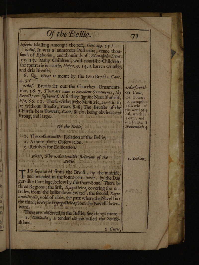 | Of theBellie.’ Jofephs Bleffmg, amongft thereft, Gem, 49,25 ? fands of Ephraim , and thoufands of Vanaffeh: Deut, 331-875 Many Children ¢ well nowithe Children : and ‘dric Bréafts; | | 6, Qu. What w meant by the two Breaks, Cant, ee | At : ednf- Breafts fet out: the Churches Ornaments? Exe, 16.7. Thou art come to excellent Ornaments thy Breasts are fafhioned.’ A\fo they: fignifie Nourifhment, Efa, 66.1%. Thofe withonit'the Minifiric, are {aid to Church; be as Towers; .Cant;$i'1'0; bein g ob¥isus,and {trong, aid large? ins Sobre) Stu hei Of the Bellid: <° 2) A more plaitie Obfervation, ie 3.:Refolves for Edifieation, OND Birst, Thee Anaromists: Relation of the «| \s hy, 1 OHS Jot! Belliel [25% i wes OW ui “TS feparated* from: the Breaft , by the midrine, ' T and bounded in the'fouré-part above ,: by the’‘Dag get-like Cartilage, below by ehéthare-bone? ‘There be three Regions : the firft, .E Pgastrica, covering the en- trales, from ‘the bulke-downeward s the Reond, R eguo i #mbilicalis,yoid of ribbs, the part where the Navell is : | i the third; is'Regia Hypogattricafrom the Navell down- | i Ward 7 880 Sod aif RO SGSUTI OF] f, ~ There are obferved: in theBelliey five things niore : | Ee Catieula y a’ tender! skinne!called the Scarfe i skinne, £ SOO HOV tty i 0 eAinfworth on Cant, Or. Towers for ftrength o! deliverie of dal, which is 2 Tower, and ix is a Pulpit, 8