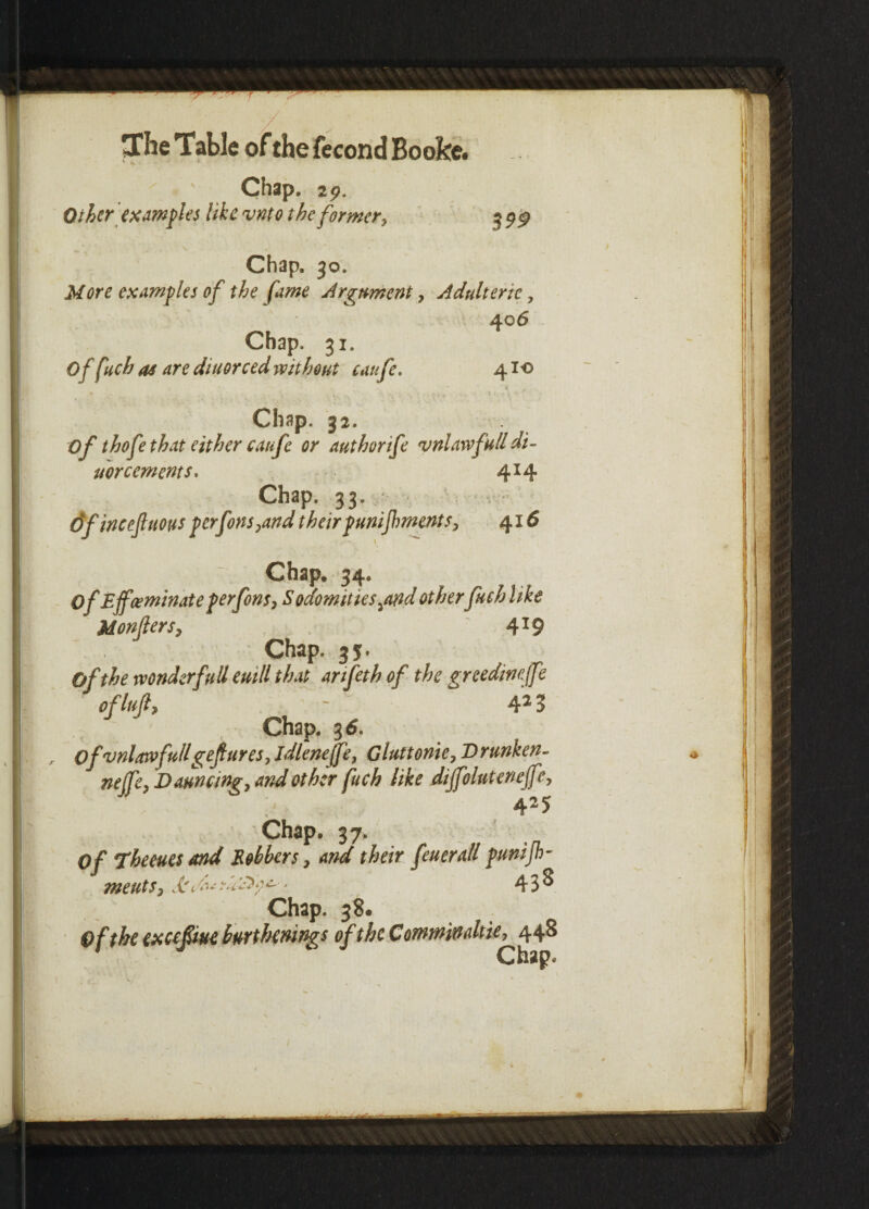 » ' Chap. 25?. Other examples like vnto the former7 S99 Chap. 30. JMore examples of the fame Argument, Adult eric, 406 Chap. 31. 0 f fuch as are diuorced without eaufe. 410 * , . H . ‘ • i: i 4, ' Chap. 32. Of thofe that either eaufe or author ife vnlawfulldi- u or cement s. 4*4 Chap. 33. dfincefluous perfons,and their punifoments, 416 Chap. 34. Of Effceminate perfons, S odomities,and otherfuch like idonfters, 4*9 Chap. 33. Of the tvonderfttU eutU that arifeth of the greedimffe ofluft, 7 - 423 Chap. 3 6. , of ‘vnl.r.vftellgef tires, idlenejfe, Gluttonie, D runken- nelfe, Daunting, and other fuch like dijfolutenejfc, 425 Chap. 37. Of Theeues and Robbers, and their fetter all puntfo- meuts, d■ 43^ Chap. 38. Of the exceftue bwthenings of the Cotntninaltie, 448