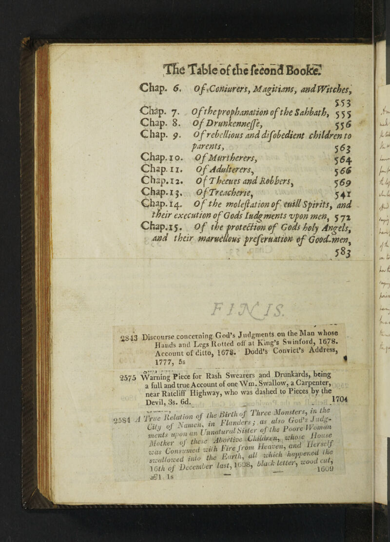 rr , 553 Of the prophanation of the Sabbath, 555 Of Drunk enncjfe, 556 Of rebellious and difobedient children to parents> 55 j OfMurthererSy 564 Of Adulterers^ 5 ££ Of X heeues Robbers , 5 59 OfTreachehe, 541 Of the moleflation of euill Spirits, 40*/ execution of Gods In dements vpon men, 572 Chap. 15. 0/ protecHon of Gods holy Angels, and marvellous prcferuation of Good-men, ' *( 585 Chap. 7. , Chap. 8. Chap. Chap. 10. Chap. 11. Chap. 12. Chap. 1 j. Chap. 14, F l F/ IS 3843 Discourse concerning God’s Judgments on the Man whose Hands and Legs Rotted off at King’s Swinford Account of ditto, 1678. Dodd’s Convict's A 1678. Address, 1777, 5s 2575 Warning Piece for Rash Swearers and Drunkards, being a full and true Account of one Wm. Swallow, a Carpenter, near Ratcliff Highway, who was dashed to Pieces by the Devil, 3s. 6d. _ _170i -Tt' 7 /• . vaf Hirlhof Three Monsters, in the 2584 A True f af01J • Flanders; as also God's J-adg- (jity oj i\amen, , f tiie Poore Woman mints upon an U^a^istero}the House Mother of these Abortive Children, wiio :L Cntunimed u>iih Fire front Heaven, and Hers f of 16th of £\ < Is