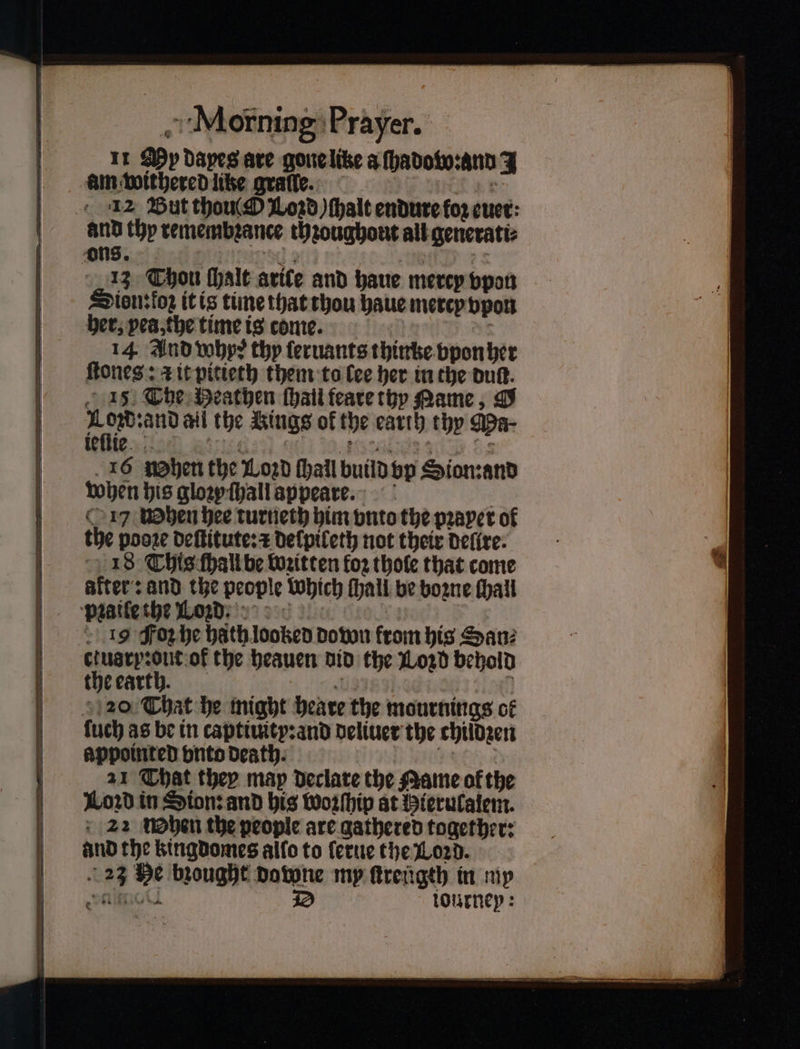 11 My dapes are gone like a ſhadow:and J am withered like gralſe. Lars 12 But thou Lod) ſhalt endure fo2 euer: 13 Thou ſhalt arice and haue mercy vpon Sion: foꝛ it is time that thou haue mercy vpon her, pea, the time is come. 14 And whp? thy ſeruants thinke vpon her ſtones: zit pitieth them to lee her in the one. 15 The Heathen ſhall teare tyy Mame, G 8 ail the Kings of the earth thy Ma⸗ ieſtie Ws gl. bs 16 when the Lozd ſhall build vp Sion: and when his glozy ſhall appeare. hen hee turneth him vnto the paper of the pooꝛe deſtitute:⁊ delpileth not their deſire. 18 This ſhall be bozitten foꝛ thole that come after: and the people which ſhall be bozne ſhall 19 Foꝛ he hath. looked down from his San⸗ ctusry:out ok the heauen did the Lozd behold the earth. | ſuch as be in captiuity:and deliuer the childzen appointed vnto death. N d 21 That they map declaxe the Mame of the Loꝛd in Sion: and his woꝛzſhip at Hierulalem. 22 hen the people are gathered together: And the kingdomes allo to ſerue the Loꝛd. 23 He brought downe my ſtreugth in my dan D iourney: €
