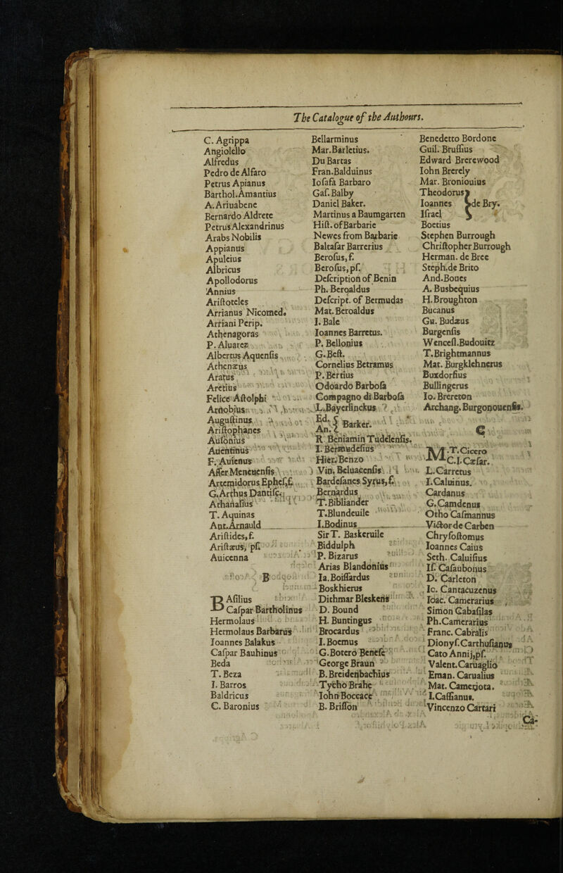 C. Agrippa Angiolello Alfredus Pedro dc Alfaro Petrus Apianus Barthol.Amantius A.Ariuabenc Bernardo Aldretc PetrusAlcxandrinus Arabs Nobilis Appianus g Apuleius Albricus Apollodorus 'Annius Ariftotelcs Arrianus Nicomed* Arfiani Perip. Athenagoras P.AluareZi Albertus Aquenfis Athsuigs Bcllarminus Mar.Barletius. Du Bartas Fran.Balduinus lofafa Barbaro Gaf.Balby Daniel Baker. Marcinus a Baumgarten Hift. of Barbaric Newes from Barbaric. Baltafar Barrerius Bcrofus,f. Bcrofu$,pf. < Defeription of Benin Ph. Bcrqaldus Defeript. of Bermudas Mat.Beroaldus I. Bale Joannes Barretus. . P.Bcllonius G.Bcft. Cornelius Betramus Ara^us‘1^' Benedetto Bordone Guil. Bruflius Edward Brerewood John Brcrcly Mar. Broniouius Thcodorusl Joannes >de Bry. Ifracl S Boetius Stephen Burrough Chriftopher Burrough Herman, de Bree Stcph.de Brito And.Boues A. Busbequius H. Broughton Bucanus Gu. Budxus Burgenfis ~ ‘ Wcnced.Budouitz T.Brighcmannus Mat. Burgklchncrus Buxdorfius Bullingerus > lo.Brereton Archang* Burgooouenfo • ^ P.Bertius Arctius'' ‘ ' Odoardo Barbola Feliee Aftolphi ... ‘ Gompagno diBarbola Atiiohhisr,^’;,!^. .'A v^L-Bayerfinckus ^ ' Auguftinui :,, S Barker. « AacSmiif’f R: BeniaminTadelenfer‘''^^^^^ Auditinus^'^^^^'<^' l.Ber^^deliui^VTx'^ Cicero F. Auicnus?' ^Hier^Bchzo * '^ -^^^C.I.Caefar: AterMeneii^n(i?A,iV:v,r 0 iViheBcluacenfi$\.Pi L.Carrctus Arwi?lidorpsEphe4§ vu;i ^ - I-Caluirius. GeArthus DantifeiJ^'^ , Bc^nardus w ArhariaEus ^ T^BiWiander T.Blundeuile i \ AthanaEus T. Aquinas Aut.Amauld Ariftidcs,f. .IJSodinus. n SirT. Baskeruile '; ^ Biddulph ST'* t: Ariftarus,^pn '‘'^' , , Auicenna ..‘Ip. Bizarus , , Arias Blandonlus^' < ' la.BoilTardus 4 i--!^r^-Boskhierus f ^ BAfilius rbiau : DithmarBIcskcriaf''/*^’ Cafpar Bartholinus ^ Bound ' Hermolaus o hi.. H. Buntingus Hcrmolaus Barbariis Brocardus Joannes BalakuS' Cafpar Bauhinus'^ : Beda ’odvir’/' T.Bcza I. Barros - Baldricus = C. Baronius ' ‘ \ : ii-iv' J.Boemus -G.Botero Benefc S'-' George Braun ^ ‘ „ ; • B. Breidciibachius ' *, -Tyfcho Brahe : V,- JohnBoccaCt ’ '' B. Briflbn Cardanus G.Camdenus Otho Calinahnus -Vi^ordcGarben - Chryfoftomus Joannes Caius Seth.-Caluifius Jf Caftubouus I)PCarleton Jo. Gantacuzenus . Idac. Camerarius ^ ' Simon Gabadlas , , t Ph.Camerarius^’‘' ‘ Franc. Cabfalis'' / ^ / l^Dionyf.Garthufianua Cato Annijjpf.' , : , Valent. Caruaglio Eman. Carualius ) Mat. Camedota. , _ I.Ca(lianui. - ^ r : rh. .''.’'liSh cUl ' ...! V ' fiVincenzoCartari lA U3V.i jIL :c Ca*