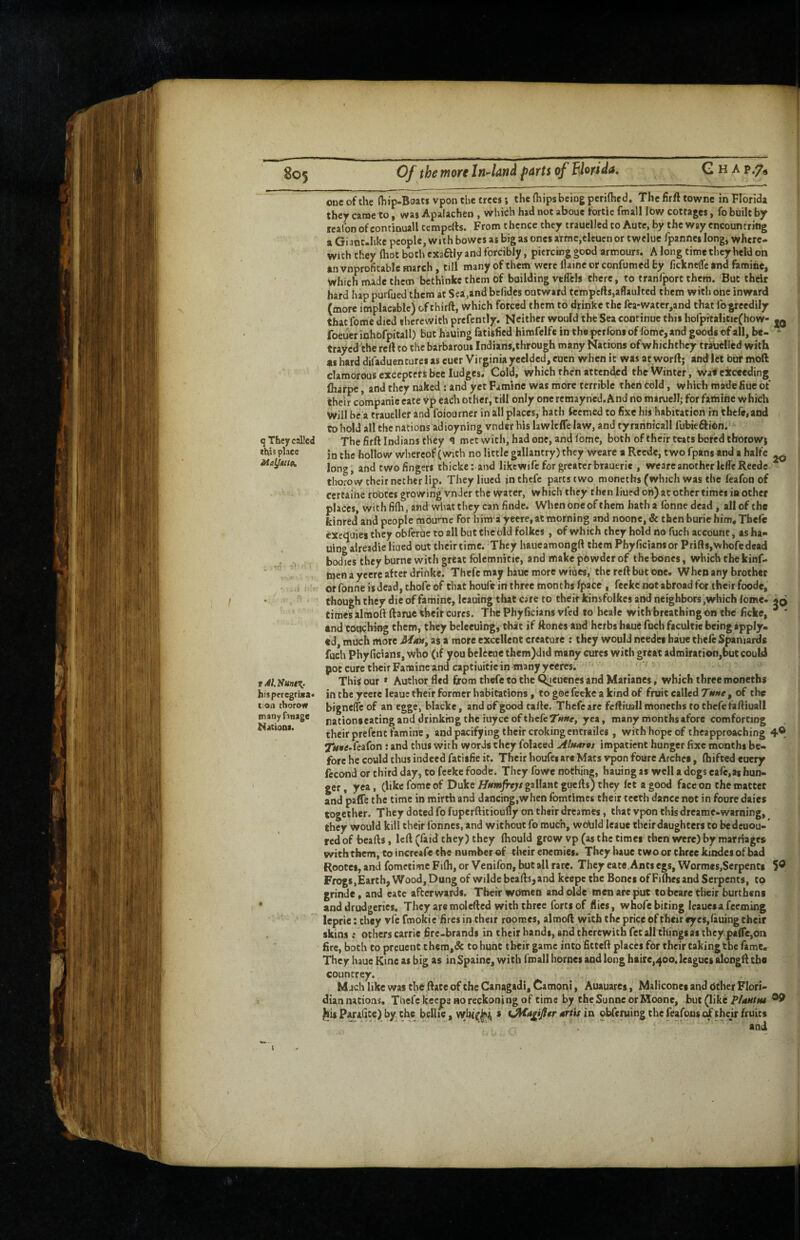 8o5 Of the wore In-Utid parts of Blorida. G H A one of the (hip-Boats vpon the trees; the (hips being perifhed. The firft townc in Florida they came to, was Apalachen, which had not abouc fortie fmall low cottages, fo bailt by reaton of contiouall cemperts. From thence they trauelled to Ante, by the way encountriog a Gianc-hke people, with bowes as big as ones arme,elcuen or twcluc fpannci long, where¬ with they (hot both cxaftly and forcibly, piercing good armours. A long time they held on an vnprofitable march, till many ofthem were Ilaineor confumed by ficknefle and famine, which made them bethinke them of building vtffels there, to tranfport them. But their hard hap purfued them at Sea,and befides outward tcmpcfts,a(Taulted them with one inward (more implacable) of thirft, which forced them to drinke the fca-water,and that lb greedily that fome died therewith prefently. Neither would the Sea continue this horprtalit!e(how- foeuer inhofpitall) but hauing fatisfied himfelfe in thepcrfoniof fome,and goods ©fall, be-  trayed the reft to the barbarous Indians.through many Nations ofwhichthey tr^led with as hard difaduencures as euer Virginia yeelded, cuen when it was at word; and let buf moft clamorous excepters bee ludges. Cold, which then attcn4ed the Winter, wa« exceeding fliarpe, and they naked : and yet Famine was more terrible then cold, which made fiue of their companie eate Vp each other, till only one remayned.And no msruell; for faihine which Will be a traueller and foiourner in all places, hath fcemed to fixe his habitation in thefe, and tohold all the nations adioyning vnder his lawlclTe law, and tyranorcall fubieftibn. q They called The firft Indians they met with, had one, and fbme, both of their teats bored thorowj this place faollow whereof (with no little gallantry) they weare a Recdc, two fpans and a halfe ^ long, and two fingers thicke; and likewife for greater brauerie , weare another IcffeReede tlrorow their nether lip. They liued in thefe parts two moneths (which was the feafon of certainerootes growing vnder the water, which they then liued oh) at other times in other places, with fiflr, and what they can finde. When one of them hatha fonne dead, all of the kinred and people mOume For him a yeere, at morning and noone, Sc then buric him, Tbelc exequies they obferue to all but the old folkcs, of which they hold no fuch account, as ha¬ uing alreadie liued out their time. They haueamongft them Phyficians or Prifts,whofedcad • bodies they burnc with great folemnitie, and make powder of the bones, which the kinf- ^ I , men a yeere after drinke. Thefe may baue more wiues,' the reft but one. W hen any brother I orfonneisdead,thofeof thathoulemthreemonthsfpace , feekenotabroadfortheirfoode, * . thoughtheydicof faminc, leauing that care to their kinsfolkcs and neighbors,which (ome. times alraoftftarue their cures. The Phyficians vfed to bcalc with breathing on the ficke, and tOaebiog them, they beleeuing, that if ftones and herbs haue fuch faeultie being apply- «d, much more as a more excellent creature : they would needcs haue thefe Spaniards fuch Phyficians, who (if you bcleeacthem)did many cures with great admiration,but could pot cure their Famine and captiuitie in many yceres. t Al Vunvct This our ' Author fled from thefe to the Qii^euenes and Marianes, which three moneths hisperegriga. in the yeere leaue their former habitations, to goe feeke a kind of fruit called Tune^ of the non thorow biencITeof an egge, blacke, and of good tafte. Thefe are feftiuall moneths to thefe faftiuall manyfauage Nations. nationseating and drinking the iiiyce of thefe 7«»r, yea, many months afore comforting their prefent famine, and pacifying their crokingcntrailcs , with hope of theapproaebing 4® 7*M«e-feafon; and thus with words they folaeed AltMrvt impatient hunger fixe months be¬ fore he could thus indeed fatiifie it. Their houfci are Mats vpon fourc Arches, (hifted euery feco'ttd or third day, to feeke foode. They fowe nothing, hauing as well a dogs eale,as hun¬ ger , yea, (like fome of Duke gallant giiefts) they fet a good face on the matter and paffe the time in mirth and dancing,when fomtimes their teeth dance not in fourc daies together. They doted fo fuperftitiouliy on their dreames, that vpon this dreame-warning, they would kill their fonnes, and without fo much, wtAild leaue their daughters to bedcuou- red of beafts, left (faid they) they (hould grow vp (as the times then were) by marriages with them, to increafe the number of their enemies. They baue two or three kindes of bad Rootei, and fometime Fi(h, or Venifon, but all rare. They eate .Ants egs, Wormcs,Serpents 5® FrogSjEarth, Wood, Dung of wilde beads,and keepc the Bones of Filhesand Serpents, to grinde, and cate afterwards. Their women andolde men are put tobeare their burthens and drudgeries. They aremolefted with three forts of flics, whofe biting leauesa feeming leprie: they vfc fmokic fires in their roomes, almoft with the price of their «yes,rauing their skins; others carrie fire-brands in their hands, and therewith fet all things as they pafte,on fire, both to preuenC them,& to hunt their game into fitteft places for their caking the fame. They haue Ktne as big as inSpaine, with fmall homes and long hairCj^oo. leagues alongft the countrey. M jch like was the dace of the Canagadi, Oamoni t Auauares, Malicones and other Flori- diannacioas, Thefe kec^s ho reckoning of time by the Sunne or Moone, but (like PAsm/m Jsis Paralice) by the belUe, ariis in obferuing the feafons o£ thejr fruits and