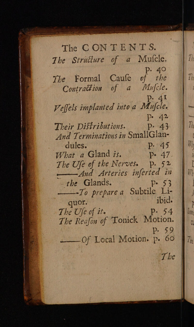 ae ES The CONTENTS. The Strudture of a Mutcle. I 7h | 2 go> Be The Formal Caufe of the | fi Contradion of a Mufcle. | | Pp: 4! Veffels implanted into a Mujfcle. | ~ - 4x A Their Distributions. Pp 43 Th And Terminations in SmallGlan- | | dules. p 45 lh What a Gland is. p47. |: The Ufe of the Nerves. p. 5%. | | ———And Arteries inferted in |W _ the Glands. p- $3 se | -Jo prepare a Subtile Li- |, uor. ibid. | The Ufe Bee P- 54 Bln The Reafon of Tonick Motion. | , p. 59 ~_— Of Local Motion. p. 60