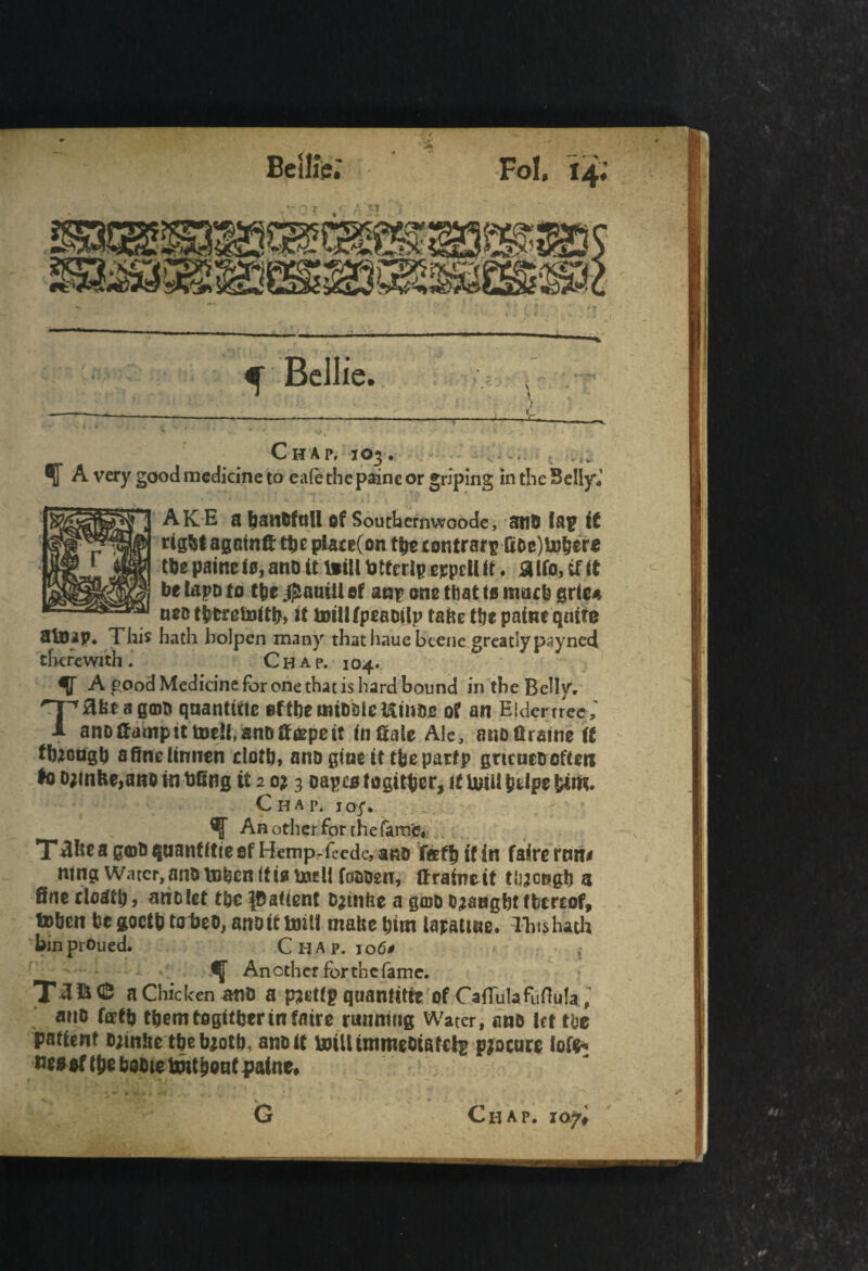 f Bellie. _ C 1 1 *  ' ** ~ — ■ — -■ ■ ■- - ■ ■ - - - ■ -■ —--- 8 - , w • \ * !• ' * - / • , Jt Chap, 103. • • • ~ t » A very good medicine to eafe the paine or griping in the Belly*' AKE a batlDfall of Southcrnwoode, HtlD lap it right agatnfi: tbc place(on tire contrary fi&e)to&ero the paine ie, anD it toil! totferlp ejjprtl it. 3 Ifo, if it be tape to the j£auiU of anp one that is mack gric* neo tkfcretoitib if toiUfpeaoilp take the paine qmfa 3Uup* This hath bolpen many that haue bcene greatly payned therewith . C h a p. 104. A good Medicine for one that is hard bound in the Belly* T0keag©o quantise ef tbemiDdcftinae 0? an Eldertrec; anotfamptttodhanDif®peit in gale Ale, anofliatne it fkitcngk afinetinrcen doth, ano gine it the parfp gneaeo often to o;mbe,anoinbKng it 2 013 oapeotogitber, if toiUpdpe kirn. Chap, iaj\ ^ An other for thefarne* Tdfce a qaanfitce of Hemp-fcede, ano teff* if in faire rtm# ntng Water, anb token if is nidi foDDen, If ratnc it tljjcngb a fine dctffij, anolct tke patient D^tnhe a gmo o^ngbt thereof, token be goefb tobeo, ano it toil! make kirn la*attae. This hath bin prOued. Chap, j 060 Another for the fame. a Chicken ^nt) a pjetigquantttte of CafTulafunula ; ano ferfb tbemtogitberinfatre running Water, anD let the patient D;tnhe tbebjotb, ano it toiUtmmeOtatelp procure lof^ ue*0f (be bobie toitbonf patne# G Chap. 107^