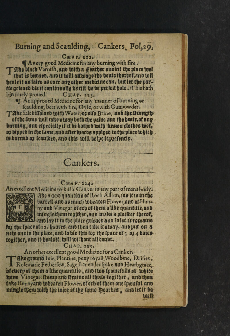 Burning and Scauldingr, Cankers, FoI,ap, ChAP# 122# ^ At cry good Medicine for any burning with fire. T'flke black Varnifli, ano toifh a fatter anoint the place tool that is barneo, ano it uitl! afftoage the beate thereof,ano boil bea! e it as faire as ener anti other metictne can, but let the par- tit grfeueo b£e it con tinuatie fm tilt be be perfect bole, jT his hath bin truely proued. Chap. 223, ejj Anapproucd Medicine for any manner cjf burning ©r fcauldjng,. be it with fire, O)' le, or with Gunpowder. T3ke Salt oifTolneo mtth Water;0} elfe Brine, ano t&elfrengfb of tbefame iniii take a map both the paine ano tbebeate3of ang burning, ano efpeciallp if it be batheo tmth lumen clothes teef, 0; otppeo in the fame, ano aftercares applied to the place to&icb isburneo 0; fcaulOcO^nh this mill helps it,p;efentlp# C H A P*.~ 22^, r L Ah excellent Medicine to kill a Canker in any part ofmanshddy. £he a got* quanff tie of Roch Allom^as it is in the barreikano as much Unbeaten Flower,ano of Hun- ny ano ¥inegar>bf cch of them a like quantitie,ano mingle them togittjer,ano make a plainer tljcrof, ano lay it to the place gtieueD ano £0 Set it remains foj th^fpaceof i2. honres,anothen take it alnay, ano put on a nets) one in the place, ano fobfe this foj the fpace of 3 0; 4 Dales together, ano it healeit toll! toLhont ailDoubt,,, Chap.. 229* Ah other excellent good Medicine for a Canker*• TSike ground luie, Plantine, peny royali.Woodbine, Dailies, Rofemarie Fctherfew, Sage, La u end er fpike3an& Hearbgrace, ofcuerp of them a Itke quantitie, ano (too fpowefails of mbits mine Vinegar: ffamp ano firalne all thfefe together, ano then take HunnyanD toheafen Flower,of ech of them one Ipoonfulano mingle them toit& the iuice ef the fame Reaches, ano let it be m\\