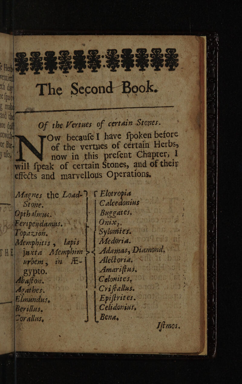 vente Be oka f tI . ae th om) ‘| Lhe Second Book. Gg e make r 00 dof Of the Vertues of certain Stones. ,g oth Ow becaufe I have fpoken before = Ot Baty of the vertues of certain Herbs, i yey now in this prefent Chapter, 1 will fpeak of certain Stones, and of their effects and marvellous Operations, Magnes the Load-) apap 9 Stone. Calcedonins Opthalmus. - | Buggates. \Peripendamits..* | Onix;. Topazion. BRN | Sylomtes. Memphitis , lapis Medoria. ! THE jarta ALemphim &gt;¢ Adamas, Diamond, Se urbem, ia FE-| | Aletiorva, 3 gypto. Amariftus, : Abafton. | | | Celonites, % Asathes. Criftallus. _-« |Elnundus, Epiftrites. Berillus. ) Celidongus, Corallus, Bena, 3 | | Tftwios.