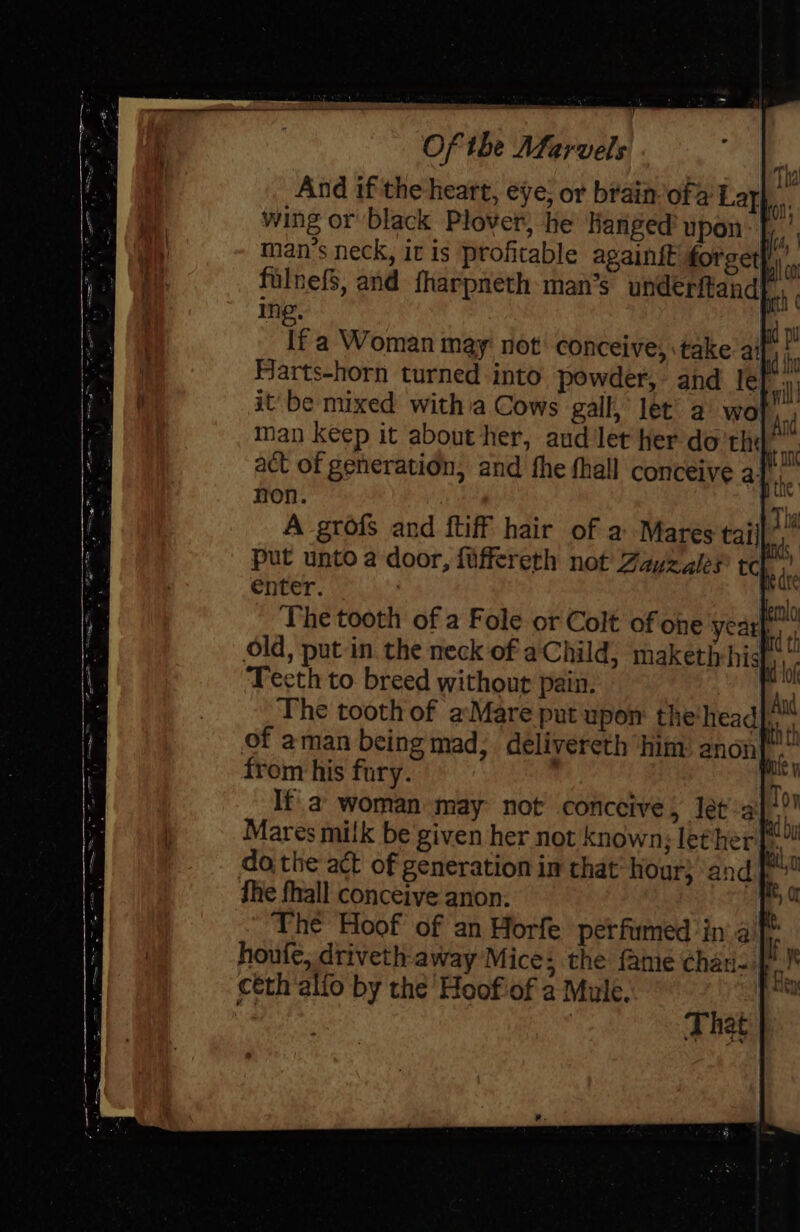 And if the heart, eye; or brain’ofa Lay ‘is wing or black Plover, he Hanged upon: [| man’s neck, it is profitable against forget}, fulnefs, and fharpneth man’s underitandf.., , ing. If a Woman may not conceive; take ai | Farts-horn turned into powder, and lef-.,, it be mixed witha Cows gall,’ let’ a wo man keep it about/her, aud let her do'tht ; act of generation, and fhe fhall conceive a}. non. bor. A grofs and {tiff hair of a Mares taiil’” put unto a door, fiffereth not Zavzales th enter. z.,. The tooth of a Fole or Colt of one yearh old, put in the neck of aChild, maketiphist Teeth to breed without pain. | The tooth of aMare put upon the headh. of aman being mad, delivereth ‘him: anon ee from his fury. | If a woman may not conceive , let a Mares milk be given her not known; lether | : do the act of generation in that’ hour} andi She fhall conceive anon. l The Hoof of an Horfe perfumed in aif* houfe, driveth-away Mice: the fame chan. | ceth alfo by the Hoofiof a Mule. | ‘ : That