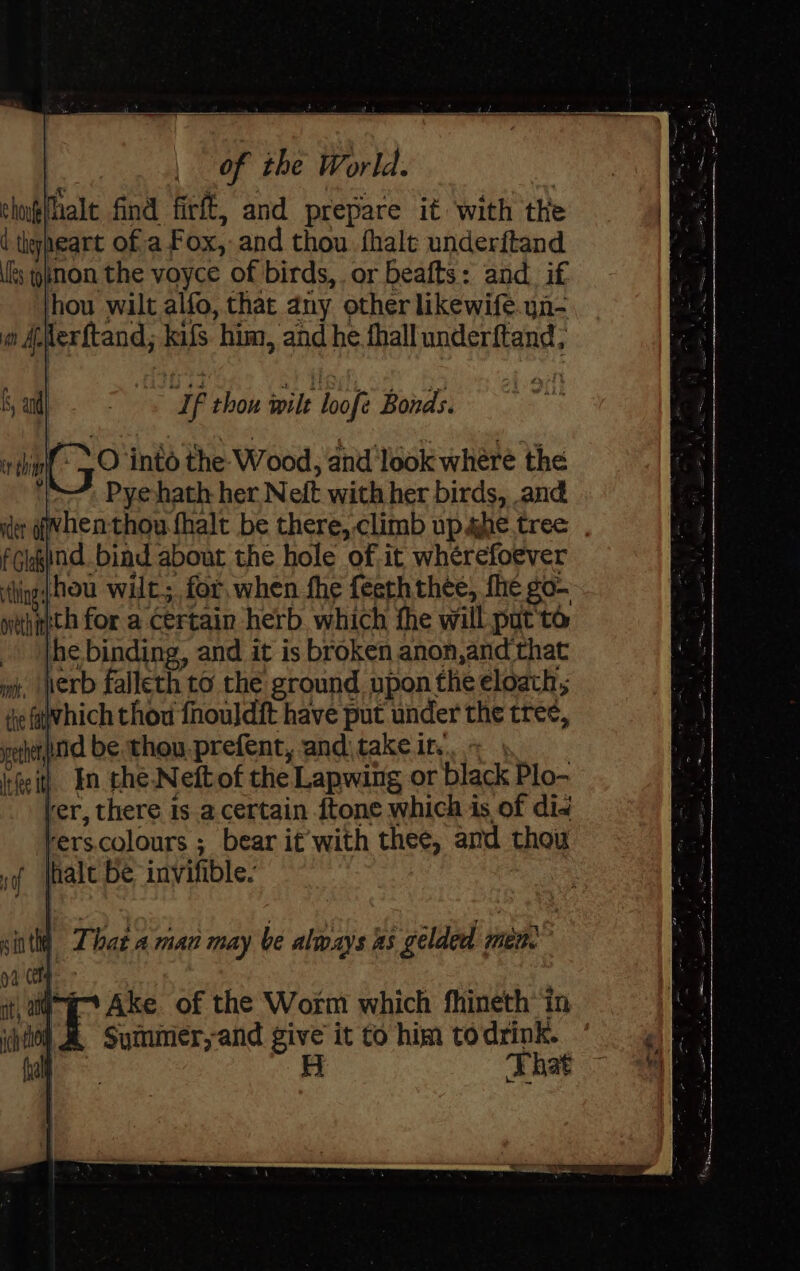 If thou wilt loofe Bonds. O into the Wood, and look where the o—*, Pyehath her Neft with her birds, and ider fen-thou fhalt be there, climb upahe.tree . fGlagind.. bind about the hole of it whérefoever things hou wilt; for,when fhe feeththee, fhe go- othmth for a certain herb. which fhe will put to the binding, and it is broken anon,and that . nerb falleth to the ground upon the eloath, which thou fhouldit have put under the tree, ether be. theu.prefent, anditakeit.. ~ , eit} In the.Neftof the Lapwing or black Plo- ler, there is a certain {tone which is of dia rers.colours ; bear if with thee, and thou lhalc be invifible. : That 4 man may be always a5 gelded men. Ake of the Worm which fhineth’ in i Summer,and give it to him todrink. 3 That