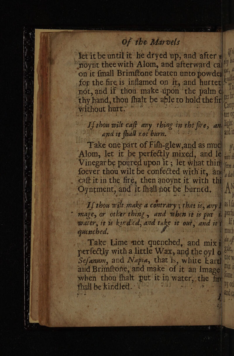 let'it be until it’ he dryed up, and after dl Toynt thee with Alom, and afterward cai on it fmall Brimftone beaten unto howdel My for the-fire is inflamed on’ it, -and hur tet}. ari not, and if thou. make. ipon ‘the palm dq ;° thy. hand, thou fhalt be able to hold the fir ae ‘without hurt; wea ‘att Tf thou wilt caft any thing tn Br fire, an) ‘fh and it {halk not burn. ia Take one part of Fifh-glew,and as cil Alom, let it be perfectly mixed, and le hd Vinegar be poured upon it ; let what thin} fe foever thou wilt be confected with it, ant’), caft it in the fire, then anoynt it with thi}. Oyntment, and it fhallnot be burned, A Sefanum, and Napia, that is, white Eartl\ aud Brimftone, and make of it an Image mi when thou thalt put it in ) water, the fin lone tha fl be Kindted. |