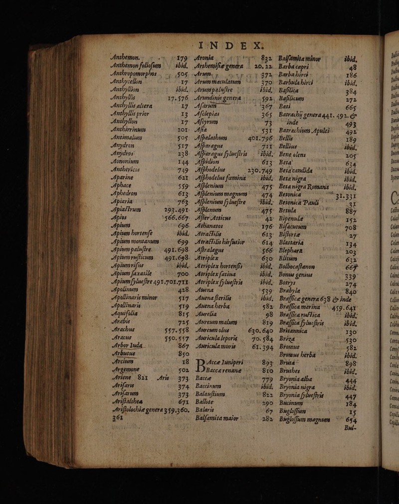 ——— eee ae Anibemon. a Anthemon foliofum Anthropomorphos Anthycellon Anthyllion Anthyllis Anthirrinum Antimalum Anydrers Anydros Aononium Anthericos Aparine Aphace Aphedron Apiaria Apiattrum Apios Apium Apium hortenfe Apium montanum Apinm paluſtre Apinm ruſticum Apium riſuus Apium ſaxatile Apium fyluefire 491.701. 711 Apolinum 428 Apollinaris minor 517 Apollinaris 519 Aquifolia 815 Arabis 725 Arachus 557. 558 Aracus 550.557 Arbor Iuda 867 Arbutus Arcium Argemone Ariene 821 Aris Ariſaris Ariſarum Ariſtalihea Ariſtolochiæ genera 359,360. 361 Aronia Arum. ; = Arum maculatum Arumpalufire | Arundinis genera Aſia Afpalathum Afparagus Afpidion Afphodelus Aſplenium Afplenum Aſter Aiticus Atbanatos A tractilis AtraËfilis hirſiuior Aſtralagus Airiplex Atriplex ſatiua Atriplex ſylueſtris Auena Auena ſterilis Auena herba Aurelia Aureum malum Aureum olus Auricula leporis Auricula muris Accæ luniperi Baccæ Baccinum Balauftium Ballote Balaris Balſamita maior $32 20, 22 372 370 ibid, 592 531 711 zbid. 613 ibid, 475 474 Jbid. Balfamita minor Barba capri Barba hirci Barbula hirci Bafilica Baſilicum Batrachium Apulei 492 Bellis 189 Bellius ibid. Bene olens 205 Beta 634 Beta candidadæa ibid, Beta nigra ibid. Beta nigra Romana ibid. Betonica 3.551 Betonica Pauls 31 Betula | 887 Bipenulæ b 152 Bifforte 27 Blephara 203 Blitum 632 Bolbocaſtanon 66 Bonus genius 339 Botrys 274 Brabyla 840 Braffice genera 638 &amp; inde Braffica marina 459. 641 Braffica rustica ibid, Braſſica fylucfiris ibid, Britannica 130 Brixa 530 Bromus 582 Bruthes g ibid. Eryonia alla 444 Bryonia nigra ibid. Bryonia ſylueſtris 447 Bucinum 184 Bugloſſtum 15 Bugloſſum magnum 6 14 Bu. pus Bul Bull plo pub Bul up Buple Bap Butor! Burts Buse Han Catto Calas Calan Calan Caley Calan Calcif Colic Calend Can (ax Callin Calin Calth Call (enn Ci ande Cam Cane th Cana Canin, Canin, Can Cum Cantal Capi Capi