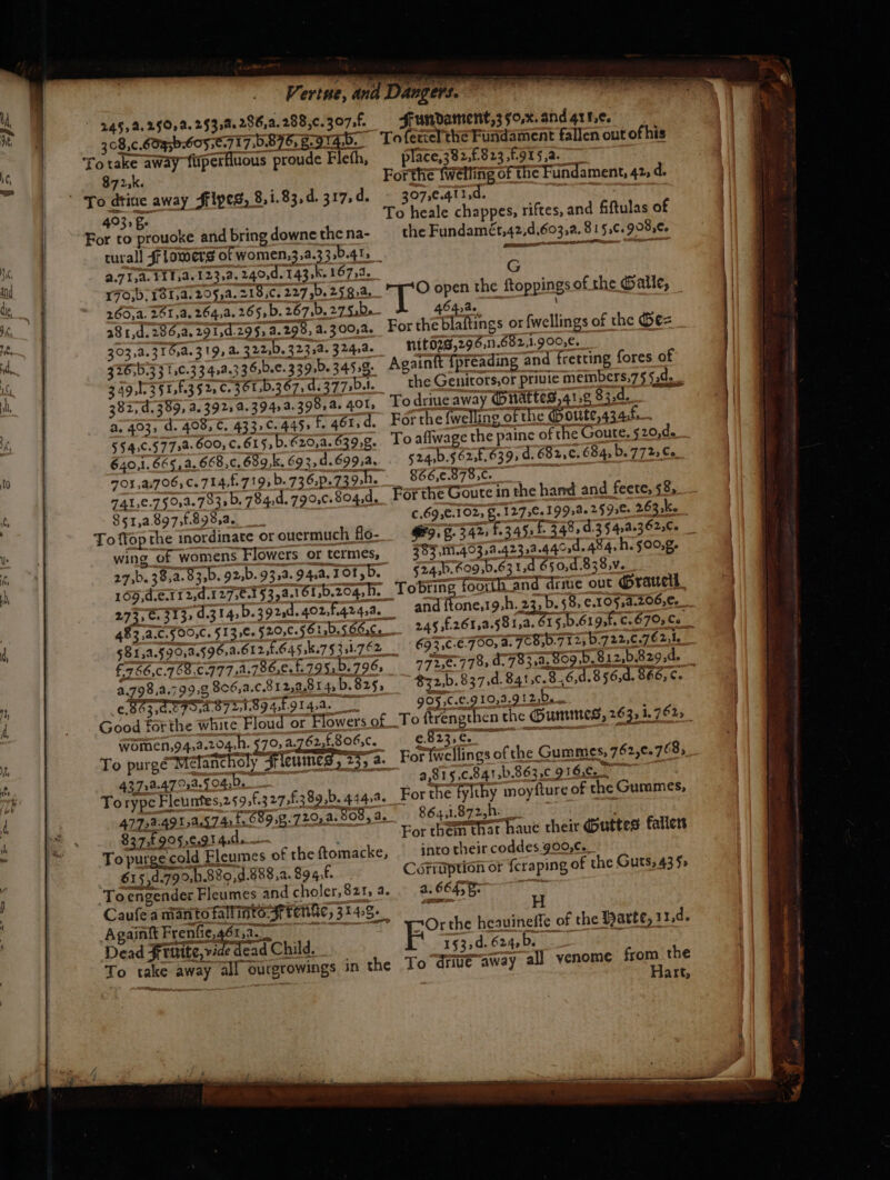 Vertue, and 3 245, 4. 250, a. 2537. 286, a. 288, c. 3075. Dangers. ” Fundament, z 50, x. and 41 l, e. To take away füperuous proude Fleth, 872,k. Jo dtine away Fipes, 8. i. 83, d. 317, d. 403, Be For to prouoke and bring downe the na- turall ff lowers of women, 3. a. 33:b. 41 4.7 .A. III. a. 123,4. 240, d. 143 0K 1677. 170, b. 18 154. 25574. 21 NC. 227 b. 21872. 260, . 281, 4. 264, . 265, b. 267, b. 27 Nb. 28 ,d. 286,4. 2 ,d. 20 5 4. 298, a. 3005 a. 303, a. 3 T,. 319, a. 322,. 3234. 324,2. $2656.33 fc. 33 422.3 36, b. e. 339. b. 3458. 3 49, 351, f.3525C. 561. b. 3677 d. 37 7b. i. 3827 d. 389, 4. 392, 4. 394, a. 398, 4. AOL) a. 403; d. 408, C. 433» C. 445. F 461, d. 554.C. 5777. 600, c. 615, b. 620,2: 6398. 640,1. 865, a. 668, c. 689,k, 693, d. 69 9a. 701,706, c. 714,f. 719, b. 736). 73 U. 741, 750,4. 7 N;, b. 784, d. 790, c. 804. . 4.798, . 99. 806, a. c. 812,4, 814 b. 825. f e. N85. 8 872589 4914.0. Good forthe white Floud or Flowers of Wömen, 94, a. 204, h. 970, a. 627. 806, c. To urge Male So rleumes 3233 a 4378.47 074. T4 b. zs To rype Fleuntes,259,f.327:f389,b. 444.4. 47752:491 2,97 4 £7689,2.720, 2.808, a. 837;£ 9056.91 4... To purge cold Fleumes of the ſtomacke, 615,d.790,b.880,d.888,a. 89 af. Aenne Dead Fruite, v ¢ dead Child. To take away all outgrowings in t place,382,£823 .f. 91 J a. For the Helling of the Fundament, 42, d. 307, e. 47 l, d. pures To heale chappes, riftes, and fiftulas of the Fundamẽt, 42. d. 603, a. &amp; i 5, c. 7085. G T° open the ftoppings of the Galle, 464,4, | For the blaftings or ſwellings of the Ge⸗ nit029,296,n.682,1.900,€. Againft fpreading and fretting fores of the Genitors, or priuie members,75 Ad To driue away @nattes,41.¢ 83.4. For the {welling of the dboute,434.f.. To aflwage the paine of the Goute. 5205 d. 524:b.562,F.639, d. 682, e. 684, b. 77185 866, e. 878, C. forthe Goute in the hand and feete, 58, #9. 347, f. 34 L. 348, d.3 54.4.3625. 583. m. 43,4232 440,4. 484, h. 500, g. and ſtone, 19, h. 23, b. 58, e. 105, 4.206, e. 693 ,C-€.700, à. 758,67 127 b. 7 22,0.7 ll 6 852. b. 837. d. 841, c. 8 6, d. 8 56, d. 866, c. 905 ,¢.€.910,9.9 12,04. e. 823, C. For Wellings of the Gummes, 7625, e. 708, 2581 fc. 84 1, b. 86370 91 ge For the fylthy moyſture of the Gummes, 864.1.87 2, h. f For than thar haue their Guttes fallen into their coddes 900,0. Corruption or ſcraping of the Guts, 43 5. a. 664g. a Or the heauineſſe of che atte, II, d. 153, d. 624, b. art,