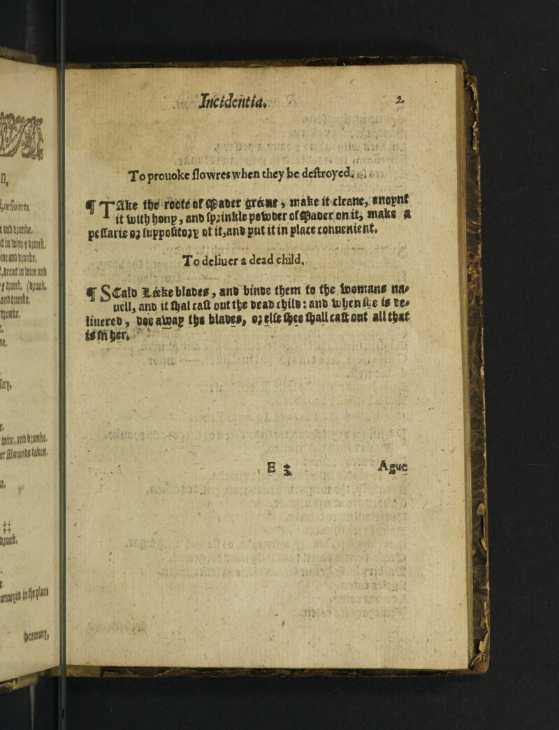 Incident id* To prouokc flowrcs when they be deftroyed,; t _ * . * ' v ,  € TSfee tbe roefe of eraser cra«, malts ft tleanc, anopnt * it toitij tjofip, atiB fpjtnblc pefootr oftpaocr cn it, tnaw a ft Cans a; (eppoCtojt et itjanB put it in plate tonnenient. ^ - l ■ * V . p , .. , . , , < . '<+ •». -Jt To dcliucr a dead child. if SCalo 3L#feebla&ta, ana bttrcc ttyrn to tb* toemana na* Mil, am» it$al tali out t&e Deat>: ami la it* liucreb, uasatoag tjjt blaoea, <tf*lfe(|ee$aUca8otrt aUijjae