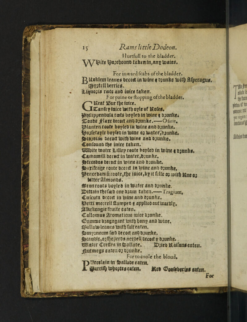 Hurtfull to the bladder* yyi£ite i^o;cbounD taken tn,ant toaies. For inward fcabs of the bladder. Uohlem leant s Decoct in totne«Djunkc flfpcraguir, £0p;tell berries. 3Liquc;i*i rote anD taiee taken. F or paine or flopping of the bladder. Heat Burt&eiutre. VJ&anfc v faicc tottb ople ef Kofea. ptjiitppenonla rota bopieo m tome % ownke. %Qobz jflaee Decoct ano Djunke.—Otiri*. pianten roote bopleo tn totne ano D;ttnke. i^ojfefatlc bopteo tn totne o; toater,ejunke. &co;eii* Decoct toitbtoine anoo^unhe. ConfounD tbe ittirc taken. tHHbife toatcr Utllep roote bopleD in totne (o;nnki« Camomtll oerter in toater,Dmnke. £tecaDo« Decoct in totne ano D;uuke. J&sjcifrage roote Detect tn totne ano pjnnke. pentfDamu roote,tlje tmce,bp tt fdfe o; uittb Kite o; btfteraimonDo. 8$eonroots boplea in toafer ano D;?mfee. JDtttafnttjefeb cneDjam taken.—Tragium, Ctdcuta Decoct in totne ano P;unke. petti mojreli ttampe o f appltco out toarDlp. #!hcfeengiefrutfe eaten. Callomue flrontattcus mice D jnnke. ©umme D jagagant tottb bonp ano toine. £$alloto Icaacs tottb fait eaten. <&nnnneum tea Decoct anDDjunke. ^caaDte,o;lbeperDfl nceoell Decoct fDjunke. mater Creffes tnfeallaDf. S^ieDHaifonieafen. ^utmegs eaten o; D;unke. Fortocoolc the bloud* terrify totw/u i catsn. Ket <0M(f btriii eaten.