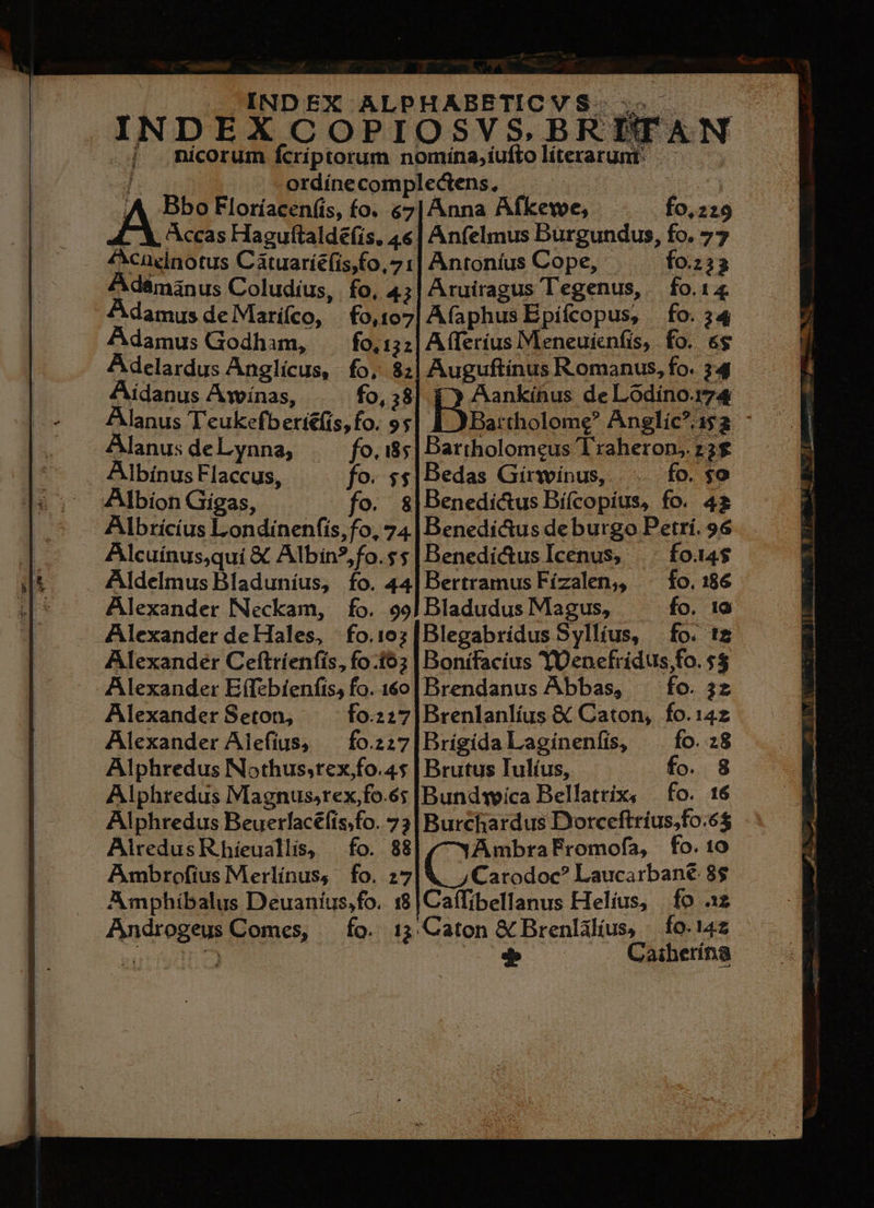 Jd: ordínecomplectens, | : A Bbo Floríacenf(is, fo. &amp;7| Anna Afkewe, - fo,229 L.X Accas Haguftalde(is, 4€| Anfelmus Durgundus, fo. 77 . 4ucdnotus Cátuarié(is,fo,71| Antoníus Cope, fo.233 d&amp;mánus Coludíus, fo, 4;| Aruiragus Tegenus, — fo.14 Adamus deMarifco, | £o,107| Afaphus Epifcopus, fo. 24 Adamus Godham, fo, 152] Afferíus Meneuienfis, fo. «s Adelardus Anglicus, fo, 8| Auguftinus Romanus, fo. 34 Aiídanus Awínas, fo, 58 Aankínus de Lodiíno.174 Alanus deLynna, fo. i85 | Bartholomeus Traheron,. 22$ Albínus Flaccus, fo. ss|Bedas Girwinus, |. fo. so Albricius Londinenfis,fo, 74 | Benedi&amp;us deburgo Petri. 96 Alcuínus,quí € Albin?,fo.ss|Benedi&amp;usIcenus, | fo.14$ Aldelmus Bladuníus, fo. 44|Bertramus Fízalen,, . fo. 186 Alexander Neckam, | fo. 99] Bladudus Magus, fo. 19 Alexander deHales, fo.1oz|Blegabridus Syllíus, fo. tz Alexander Ceftríenfís, fo-t6; | Bonifacius YOenefridus,fo. $$ Alexander E(febienfis, fo. 160| Brendanus Abbas, ^ fo. 3z Alexander Seton, fo.227|Brenlanlíus &amp; Caton, fo.14z Alexander Alefíius, —fo::7|BrigidaLlaginenfis, ^ fo. 28 Alphredus Nothus;tex.fo.45 | Brutus Iulíus, fo. 8 Alphredus Magnus;rex,fo.6; |Bundteica Dellatrix, — fo. 16 Alphredus Beuerlacéfis.fo. 73| Burchardus Dootceftríus;fo.65 AlredusRhíeuallis, fo. 88 AmbraFromofa, | fo. 10 Ambrofius Merlínus, fo. 27 Carodoc? Laucarbané 8$ Androgeus Comes, fo. 1; Caton &amp; Brenlálius, — fo. 142 gut fotu | e Caiherína