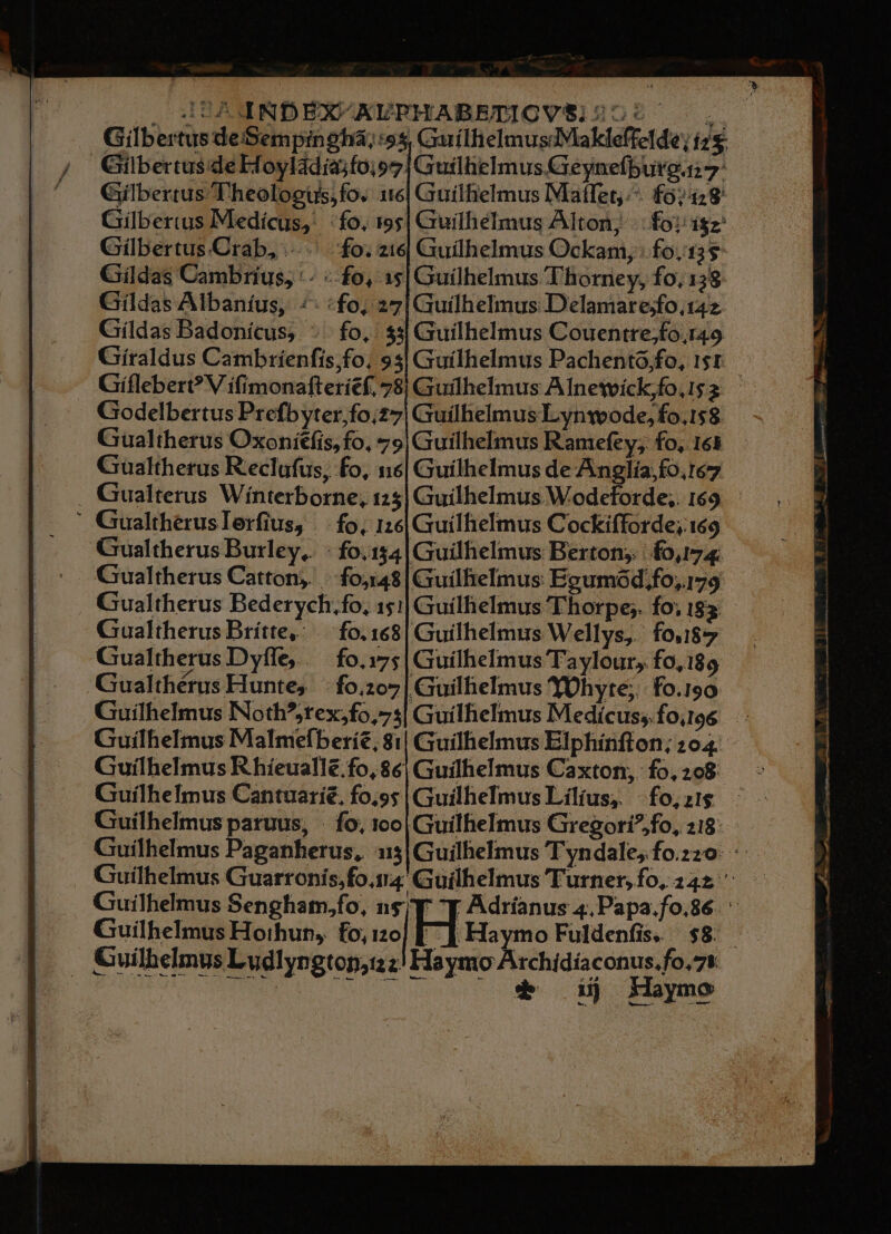 Gilbertus deSempinghá;:ss GuarílfielmusdVakleffelde; í2$. ^ GilbertusdeHoyladia;foisz | Gutlhelmus Geynefburg.t 7: Gilbertus 'heoloeus;fo. 116| Guilielmus Malfet,:^ £67428 Cillberius IMedícus, fo. 1955| Gruilhelmus Alton, | foi 1$ GCíbertus.Crab, ...' fo. 216 Guiílhelmus Ockam, : Ío.13$ Giildas Cambrius, :- «fo, 1s| Guílhelmus T'horney, fo, 158 Gildas Albaníus, «fo, 27|Guílhelmus Delamarejfo.142 Gíldas Badonícus, -. fo, 53] Guilbelmus Couentre;fo.149 Giíflebert V ifimonafterief. 78| Gruihelmus ATInewick,fo, I$3 Godelbertus Prefbyter fo;27| Guilhelmus Lynwode, fo.1$8 Grualtherus Oxonitfis, fo, 79| Guilhelmus Ramefey; fo, 168 Gualtherus R'eclafus, fo, ne| Guilhelmus de Anglia; fo.re7 ' Gualtheruslerfius, | fo, 1:6|Guílhielmus Cockifforde; 169 Gualtherus Burley, : fo,134| Guilhelmus Bertons.| fo,74 Gualtherus Cattony. |. $0548 |Guilfielmus Egumod.fo,179 Gualtherus Brítte,: ——. f0.168| Guilhelmus W ellys,. fo.1$7 Gualtherus Dyíle,. fo.:75| Guílhelmus Taylour,. fo,189 Gualthérus Hunte, fo.207 | Guilielmus YÜhyte; fo.150 . Guilhelmus INoth^;tex,fo,73| Guilhelmus Medícus;fo.196&amp; Guílhelmus R hieualle.fo,86, Guilhelmus Caxton,. fo, 208 Guilhefmus Cantuaríé, fo,ss | GuilheImus Lílius,. - fo, 21s Guilhelmus paruus, | fo, ico |GuilheImus Gregori^fo, 218: . &amp;uilbelmus Ludlyngton;:z2! Haymo Archidiaconus.fo,7s P mM S aant aa CET