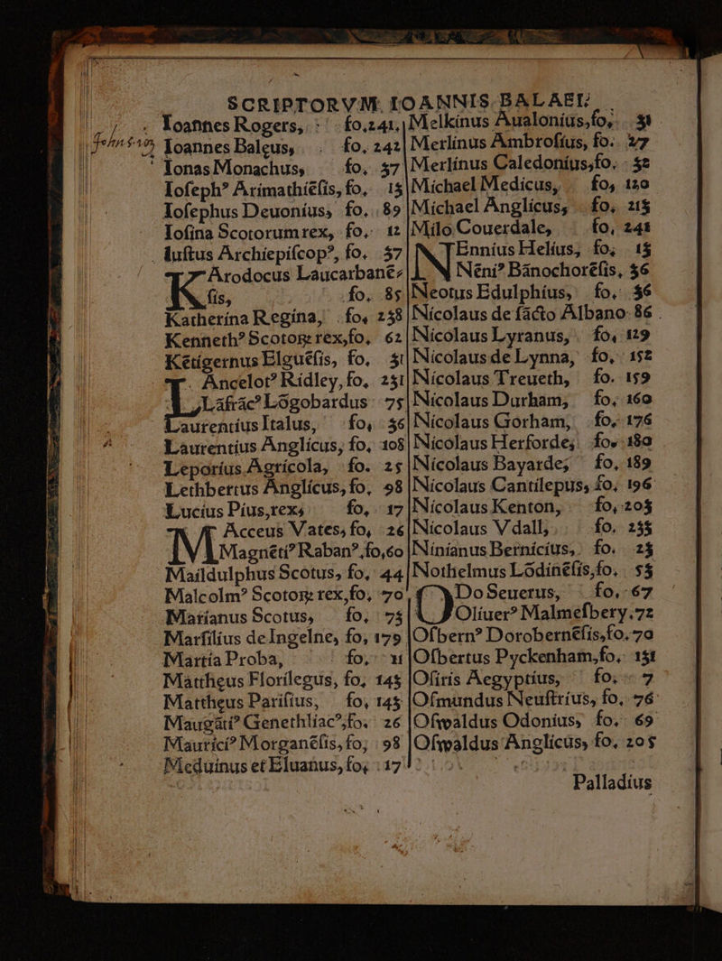 | ITA ^f'5 YoannesBaleus, . fo.24:|Merlinus Ambrofius, fo... 7 dil ; lonas Monachus; fo, 57 Mlerlínus Caledoníus,fo. E Iofeph? Arímathíefis, fo, 15 Michael Medicus, | fo, 120. Xofephus Deuoníus, fo..89» Michael Anglicus, fo, 21$ Tofina Scotorumrex, fo. 1: |Milo Couerdale, . fo, 241 | duftus Archiepifcop?, fo... 57| [N [Ennius Elelius, fo; 1$ / er»-Arodocus Laucarbane:|L. N INeni? Bánochorefis, $6 WI fo, 85 ||Neotus Edulphíus, fo. $6 Katherína R.egína, fo, 258 Nicolaus de facto AIbano: 86 . Kenneth? 8cotog rexfo,. 62 | Nicolaus Lyranus, . fo, 129. Keétígernus Elguéfis, fo, $i Nicolausde Lynna, fo. 1$£ | Lise Riídley,fo, 251| Nicolaus Treueth, — fo. 159 4 La&ac Logobardus:. 7s5|Nicolaus Durham, — fo. 160 LaurentíusItalus, fo, 3| Nícolaus Gorham, |. fo, 176 Laurentius Anglícus, fo, 108, Nicolaus FTerforde; fo. 180 Leporíus.Agrícola, -fo. 2$ |INícolaus Dayarde; fo, 189 Lethbertus Anglícus,fo, 98 Nicolaus Cantílepus, £o. 196 Lucius Píus,texs fo, 17 |Nicolaus Kenton, ^ fo, 20$ . Ar Acceus Vates,fo, 2«€|Nicolaus Vdall,.. ^ fo. 25$ / | Magnéti? Raban?.fo,co INínianusBernicius,. fo. z Maildulphus Scotus, fo, 44 |Nothelmus Lodinéf(is,fo. $$ Malcolm? Scotos: tex,fo, 70: [25 Seuerus, : fo.-67 Mlatríanus Scotus, fo, 7$|' Olíuer? Malmefbery.7z Mlarfilius deIngelne, fo, 179 |Ofbern? Dorob ernefís,fo. 70 Martía Proba, : fo, x |Ofbertus Pyckenham,fo.- 15 Mattheus Florilegus, fo; 14$ |Ofiris Aegyptius, ' fo; 7 Mattheus Parifius, — fo, 14$ |Ofmundus Neuftríus, fo, 76 Maugati? Genethliac^;fo.: 2€ |Ofaldus Odonius, fo... €9 IMautici? Morganélis, fo; : 98 |Ofwaldus Anglicus, fo, 2o$ NieduinusetEluanus,fo,:1702 1.5. 7 05s | 2410 | Palladius